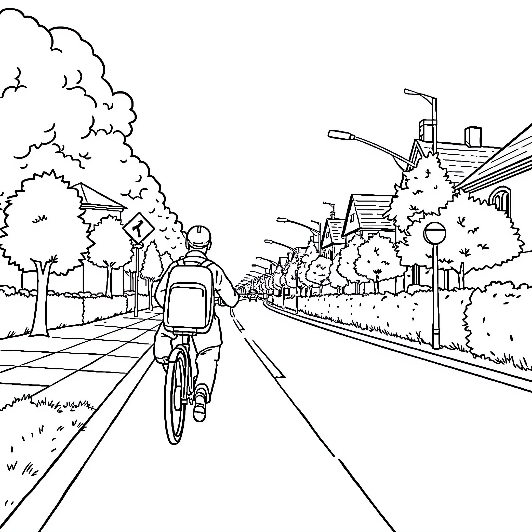 Road Safety: Cyclist on a Bike in the City Coloring Page (free black-and-white line drawing printable PDF for all, from beginners to advanced learners, including children, teens, adults, and seniors)