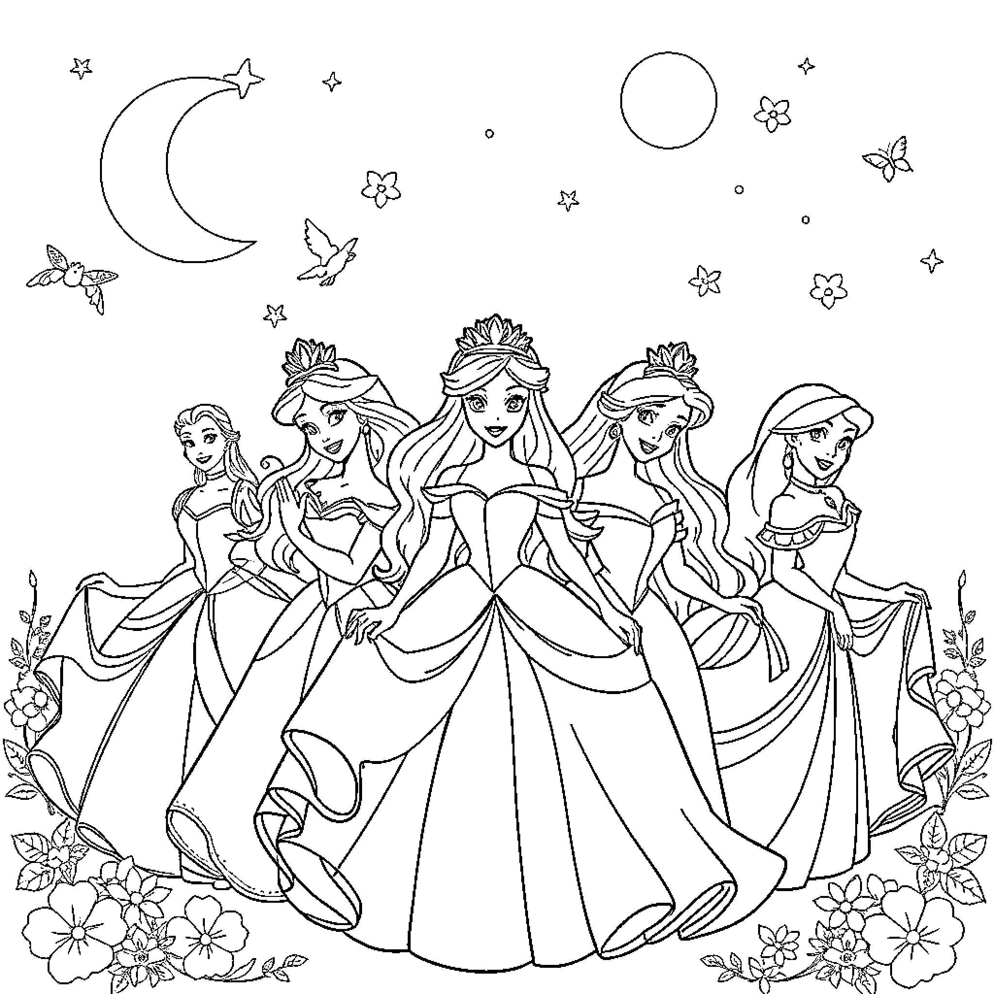 Princesses wearing elegant gowns and smiling in a magical scene Coloring Page (free black-and-white line drawing printable PDF for all, from beginners to advanced learners, including children, teens, adults, and seniors)