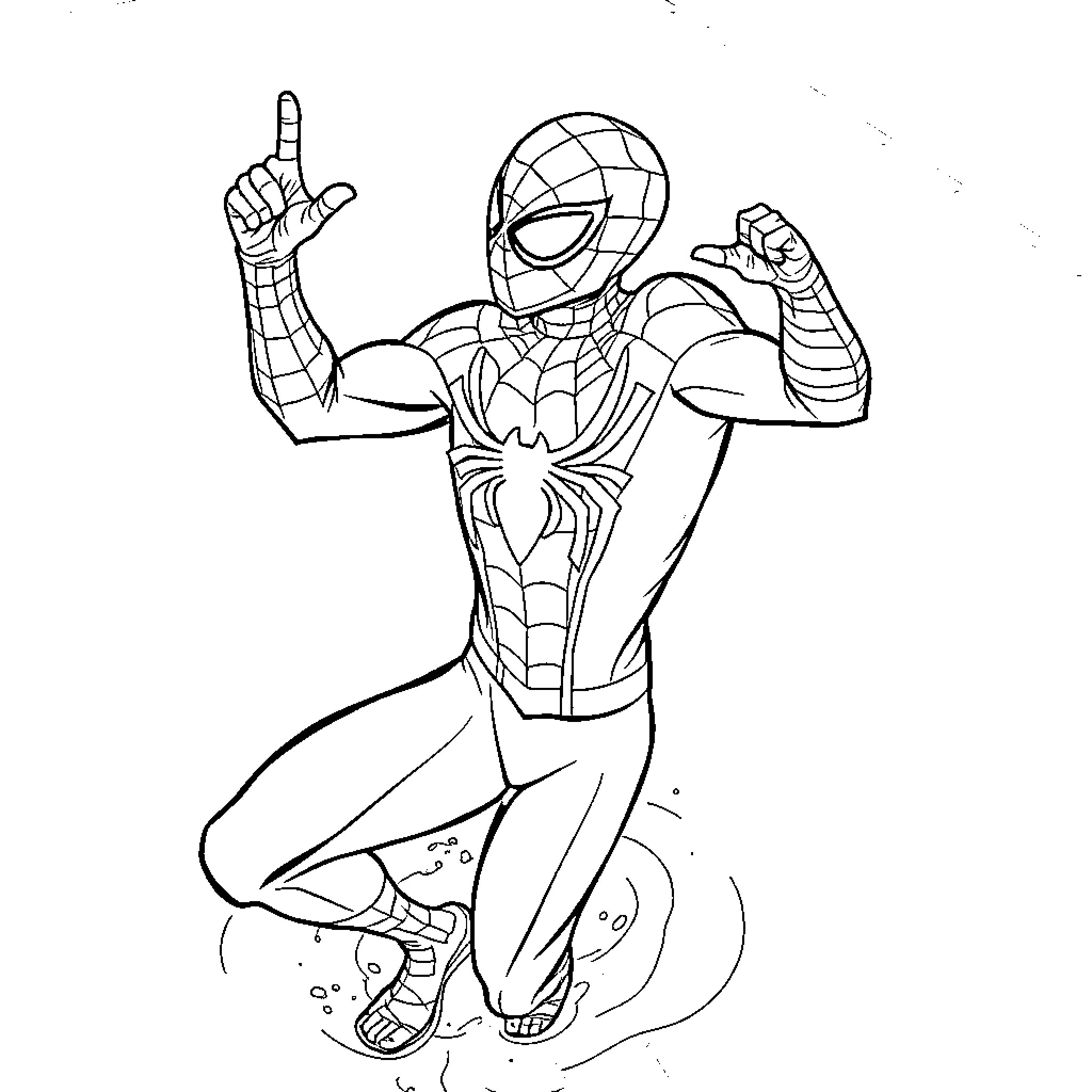 Spiderman striking heroic pose in action scene Coloring Page (free black-and-white line drawing printable PDF for all, from beginners to advanced learners, including children, teens, adults, and seniors)