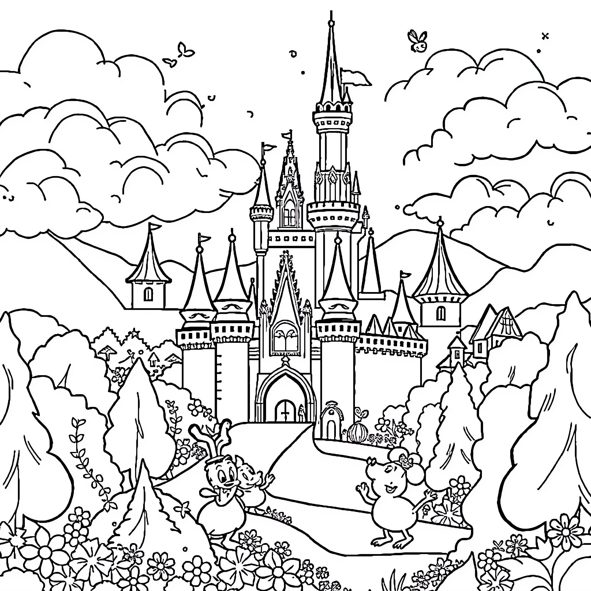 Disney Landscape with Castle, Flora, and Fauna Coloring Page (free black-and-white line drawing printable PDF for all, from beginners to advanced learners, including children, teens, adults, and seniors)