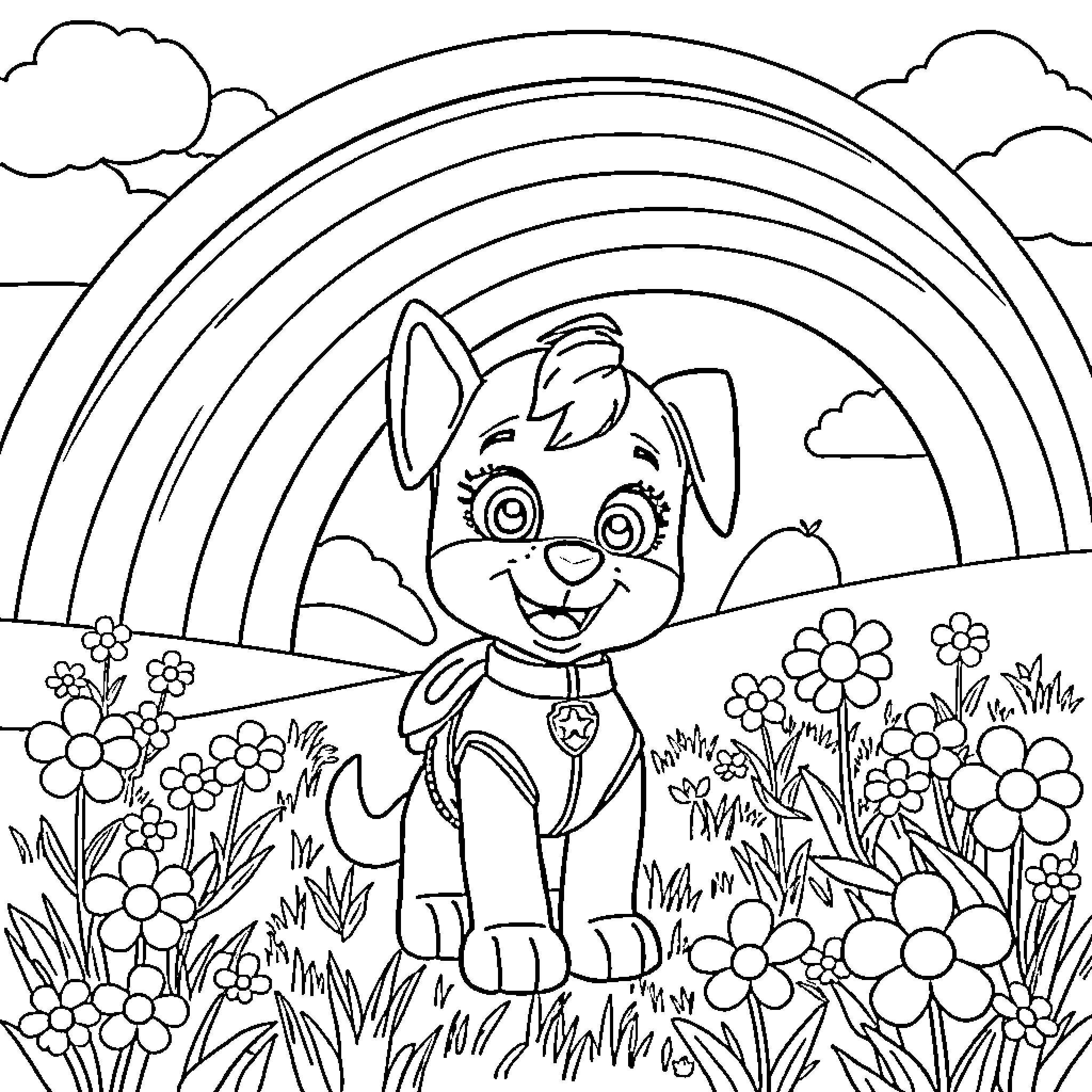 Stella enjoying a rainbow-filled spring day Coloring Page (free black-and-white line drawing printable PDF for all, from beginners to advanced learners, including children, teens, adults, and seniors)
