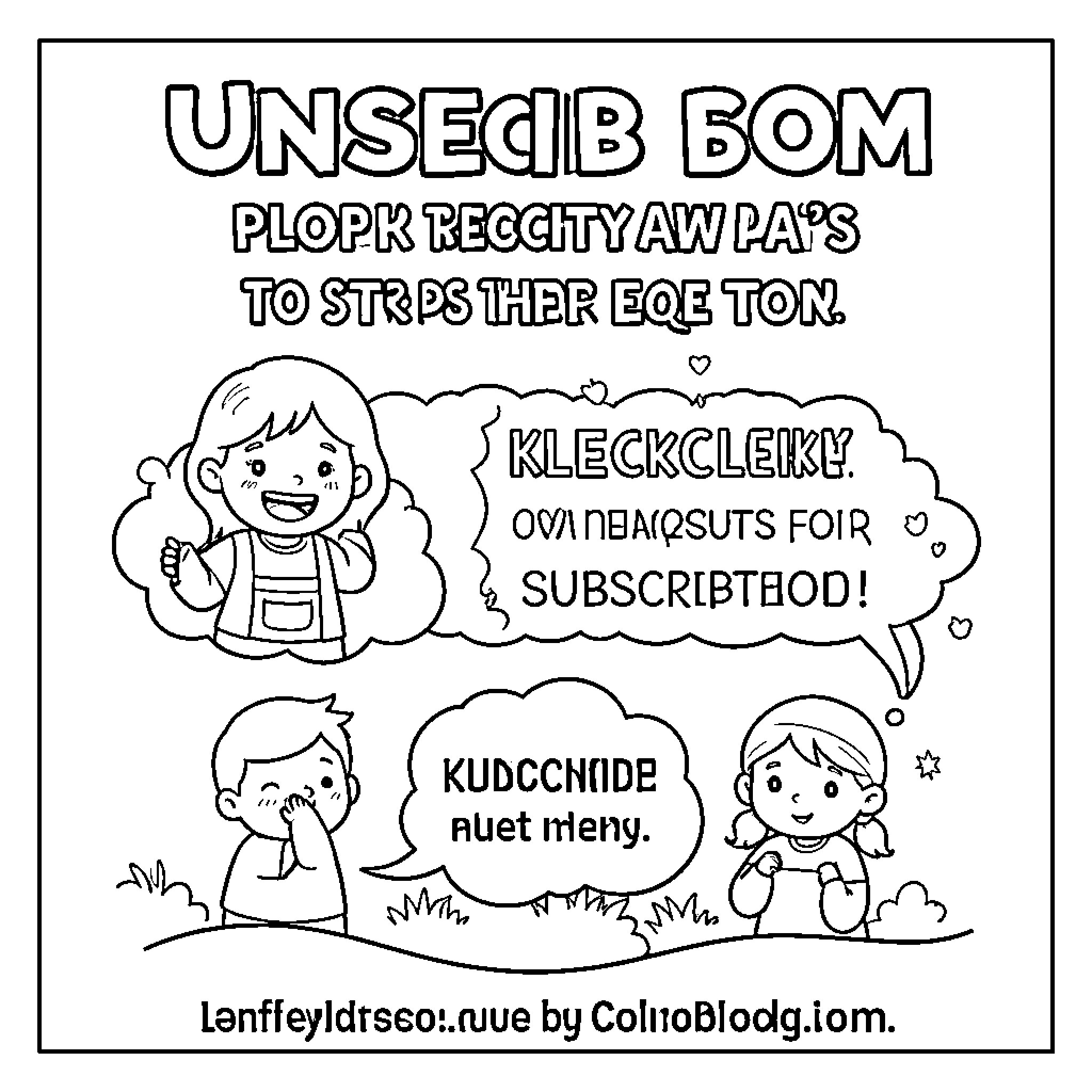 Unsubscribe characters smiling and celebrating in bubbles Coloring Page (free black-and-white line drawing printable PDF for all, from beginners to advanced learners, including children, teens, adults, and seniors)