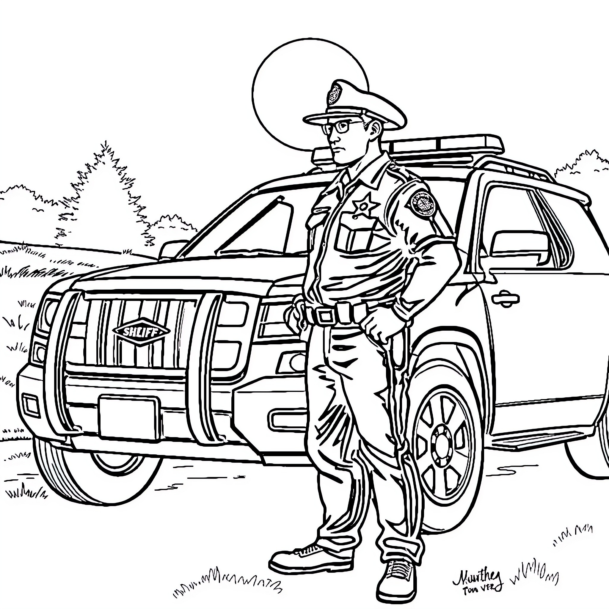Sheriff Deputy guarding the patrol vehicle in the field Coloring Page (free black-and-white line drawing printable PDF for all, from beginners to advanced learners, including children, teens, adults, and seniors)