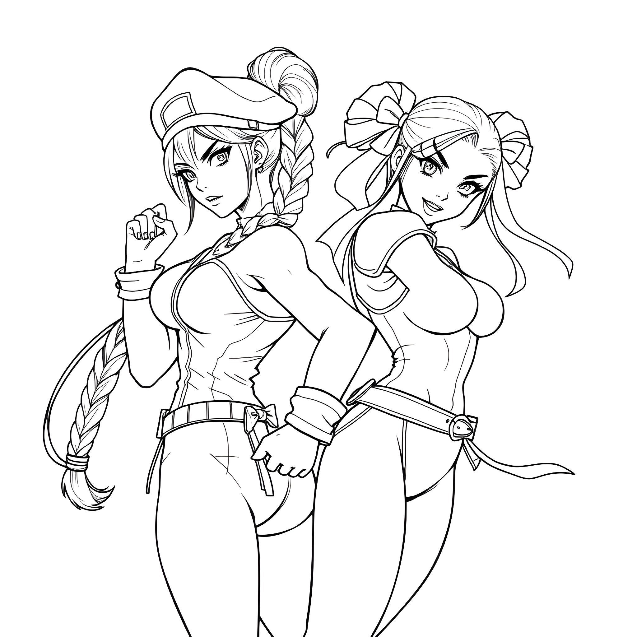 Cammy and a companion in action poses Coloring Page (free black-and-white line drawing printable PDF for all, from beginners to advanced learners, including children, teens, adults, and seniors)