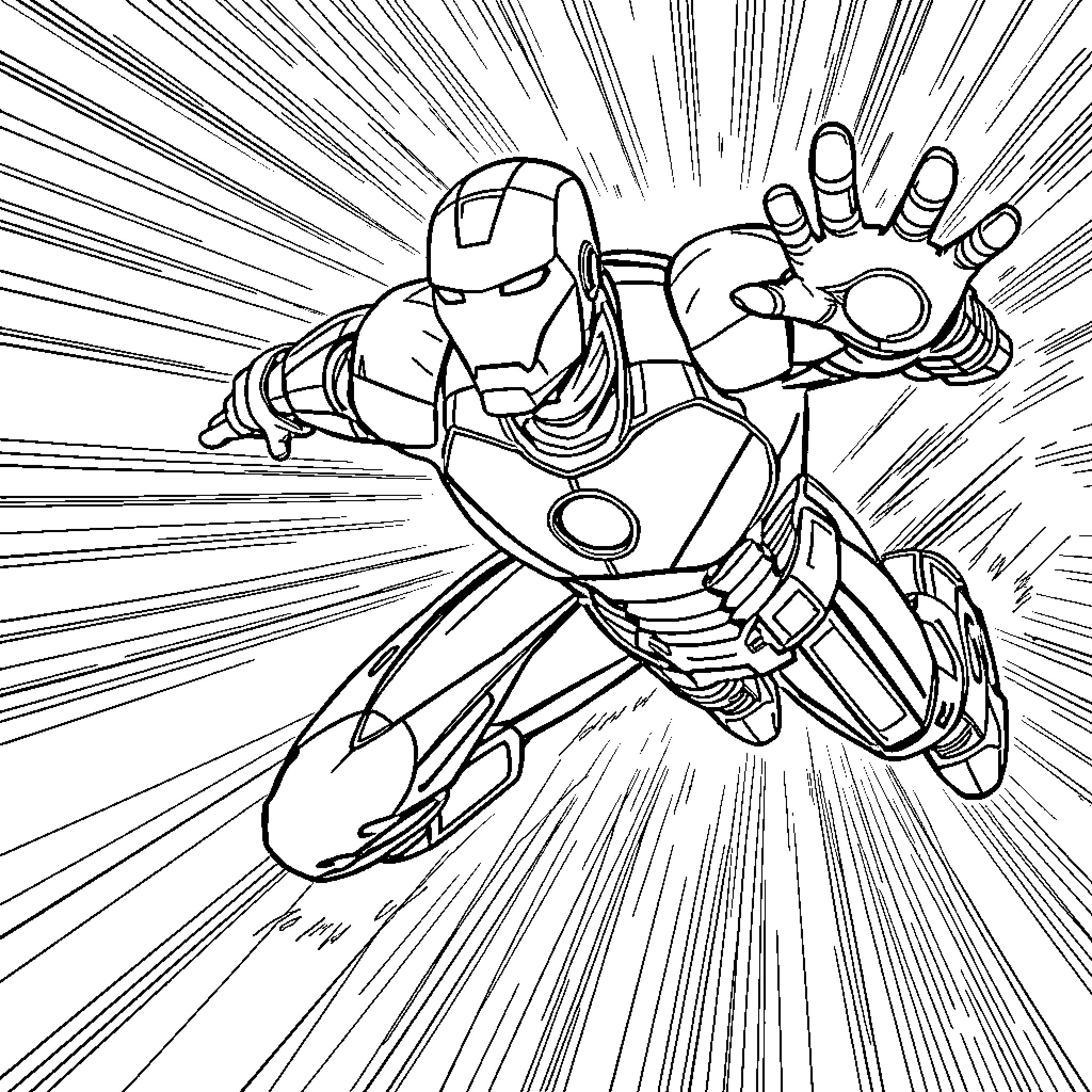 Ironman flying heroically with powerful armor Coloring Page (free black-and-white line drawing printable PDF for all, from beginners to advanced learners, including children, teens, adults, and seniors)