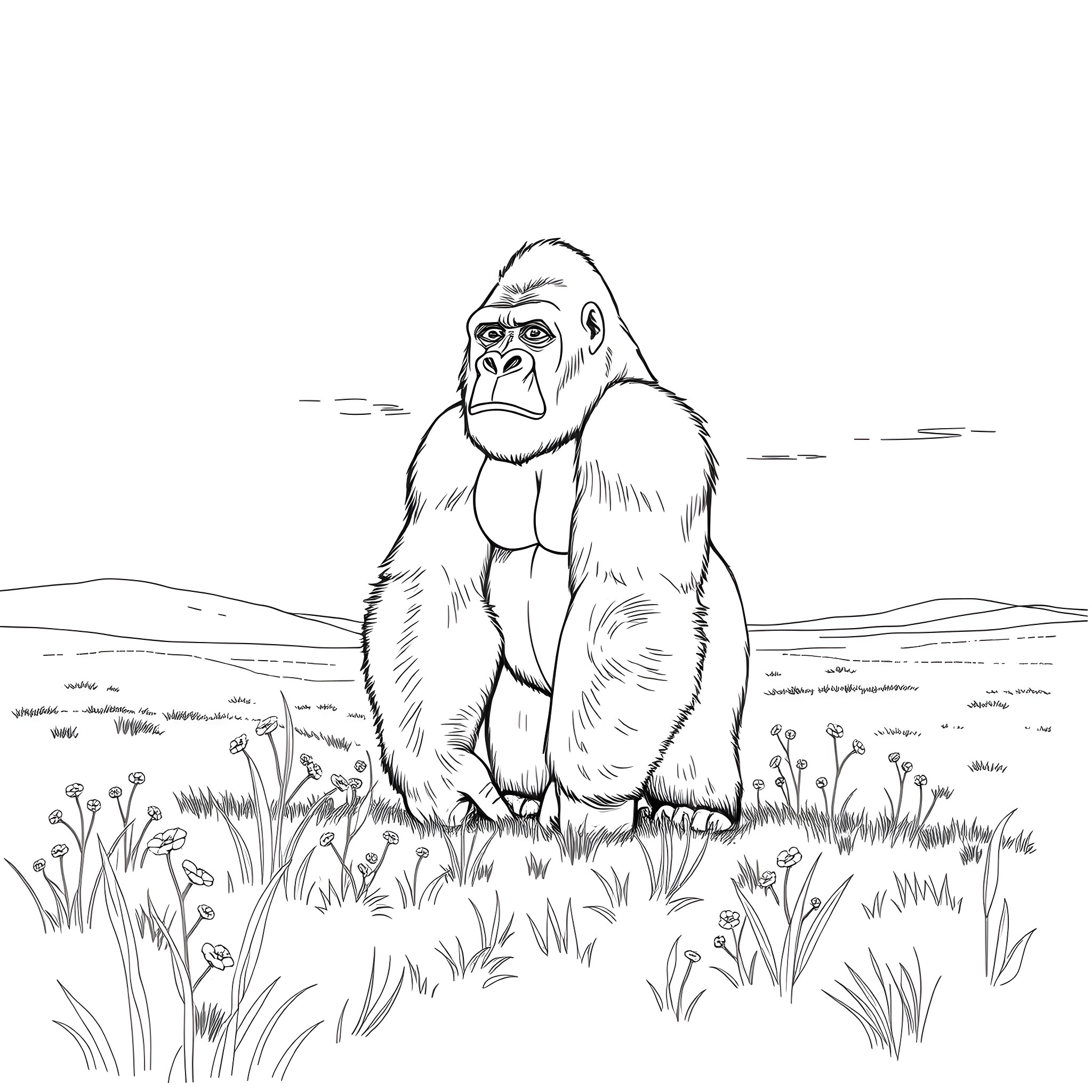 Gorilla sitting calmly in lush grassland Coloring Page (free black-and-white line drawing printable PDF for all, from beginners to advanced learners, including children, teens, adults, and seniors)