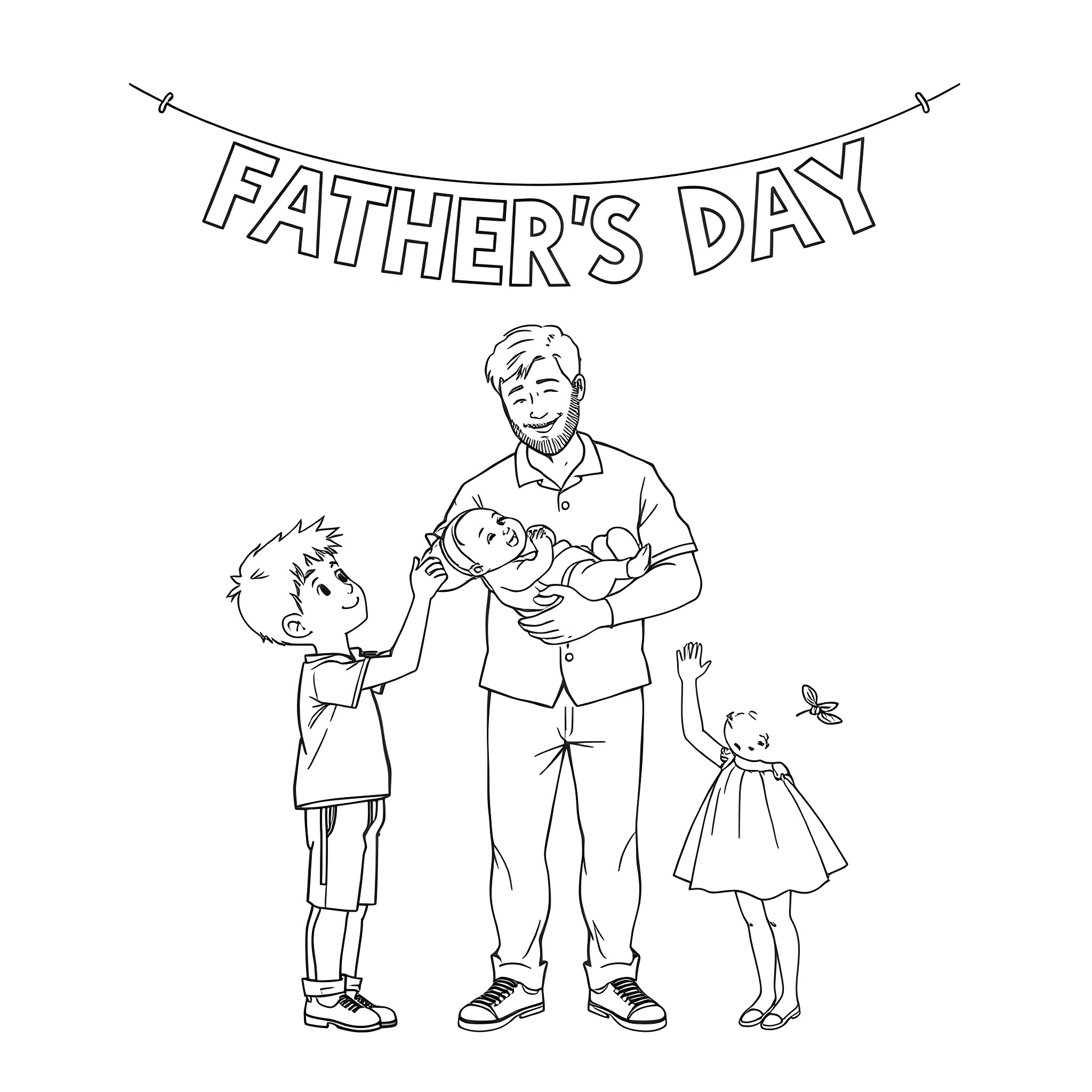 Father's day with family celebration Coloring Page (free black-and-white line drawing printable PDF for all, from beginners to advanced learners, including children, teens, adults, and seniors)