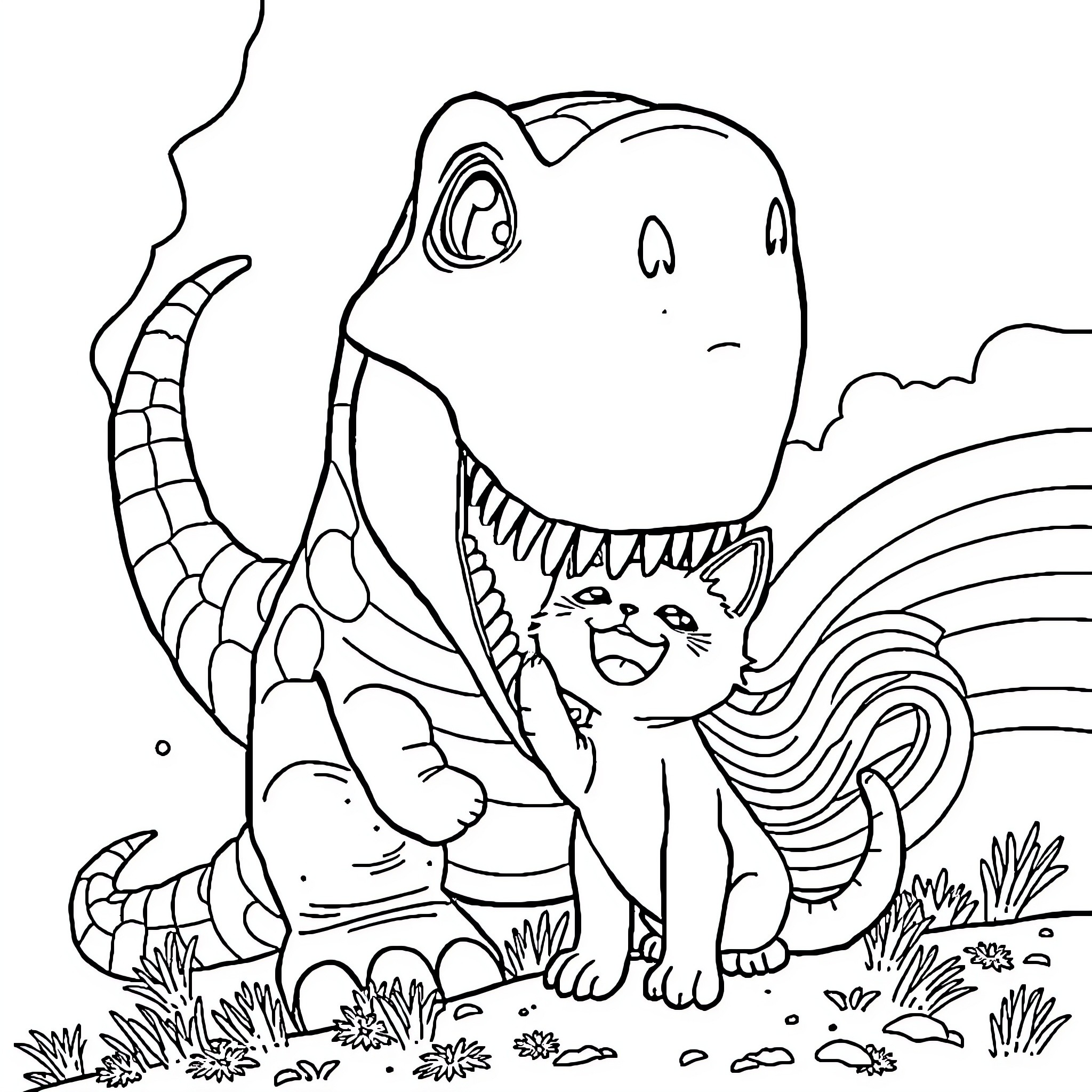 Dinosaur Playfully Interacting with Smaller Creature Coloring Page (free black-and-white line drawing printable PDF for all, from beginners to advanced learners, including children, teens, adults, and seniors)
