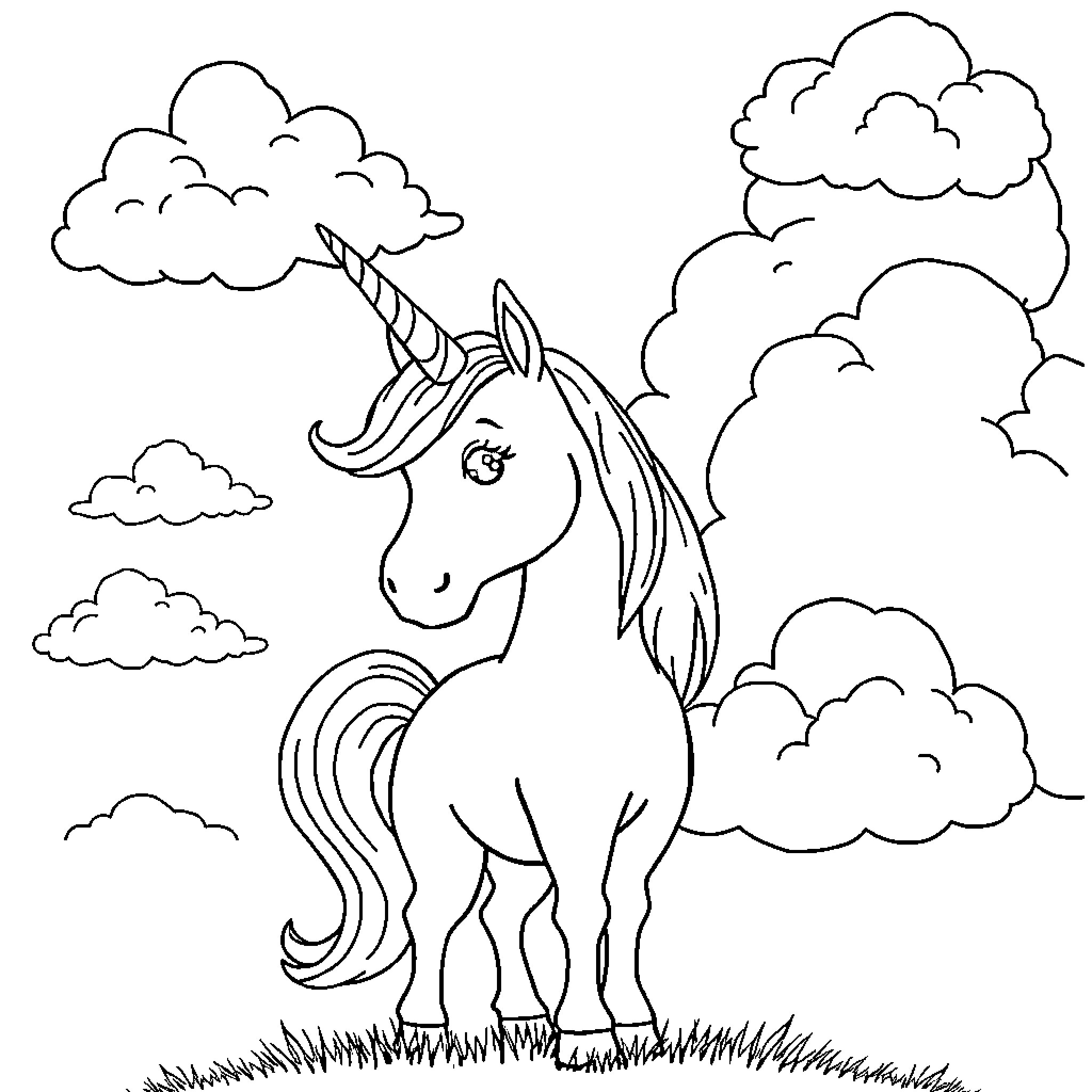 Unicorn standing joyfully in a cloudy field Coloring Page (free black-and-white line drawing printable PDF for all, from beginners to advanced learners, including children, teens, adults, and seniors)