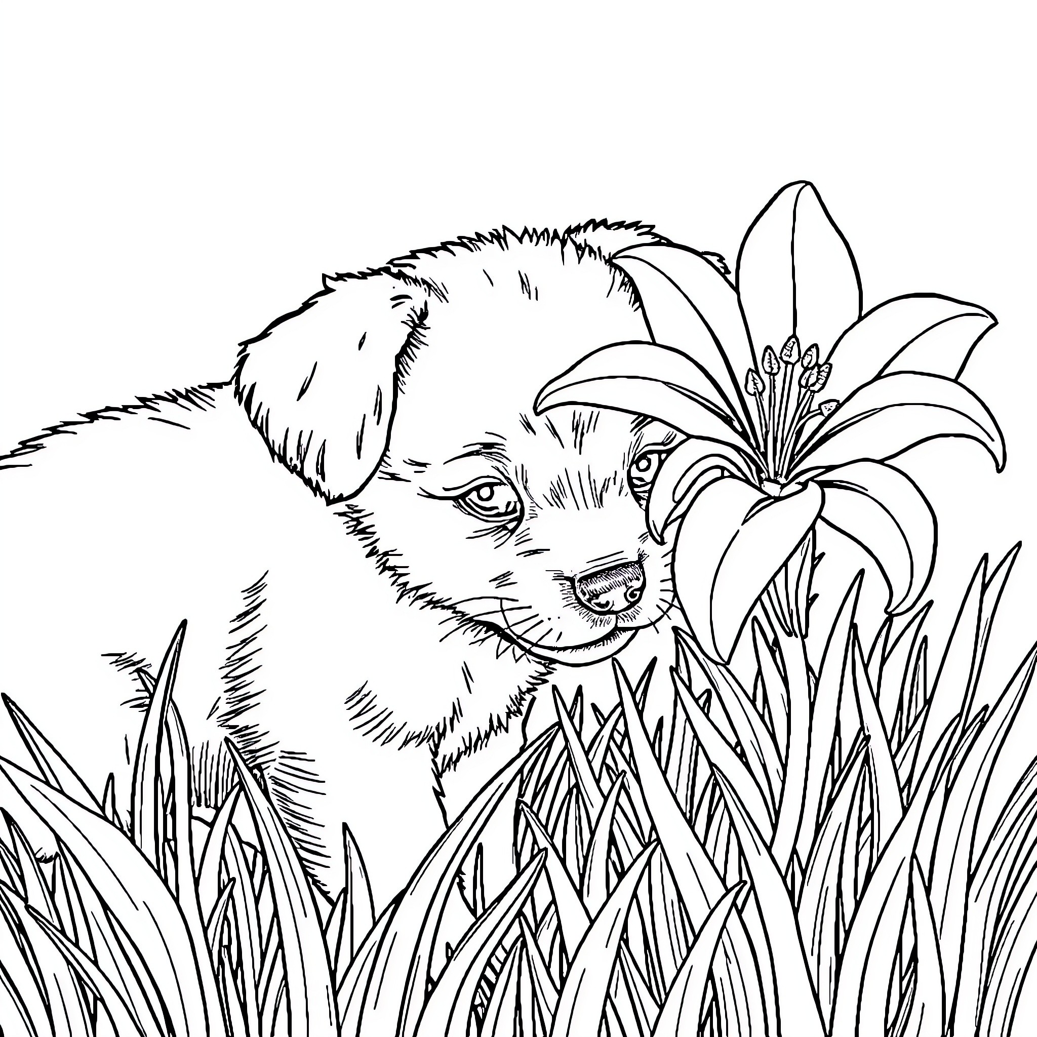 Puppy peeking out from the lush greenery Coloring Page (free black-and-white line drawing printable PDF for all, from beginners to advanced learners, including children, teens, adults, and seniors)