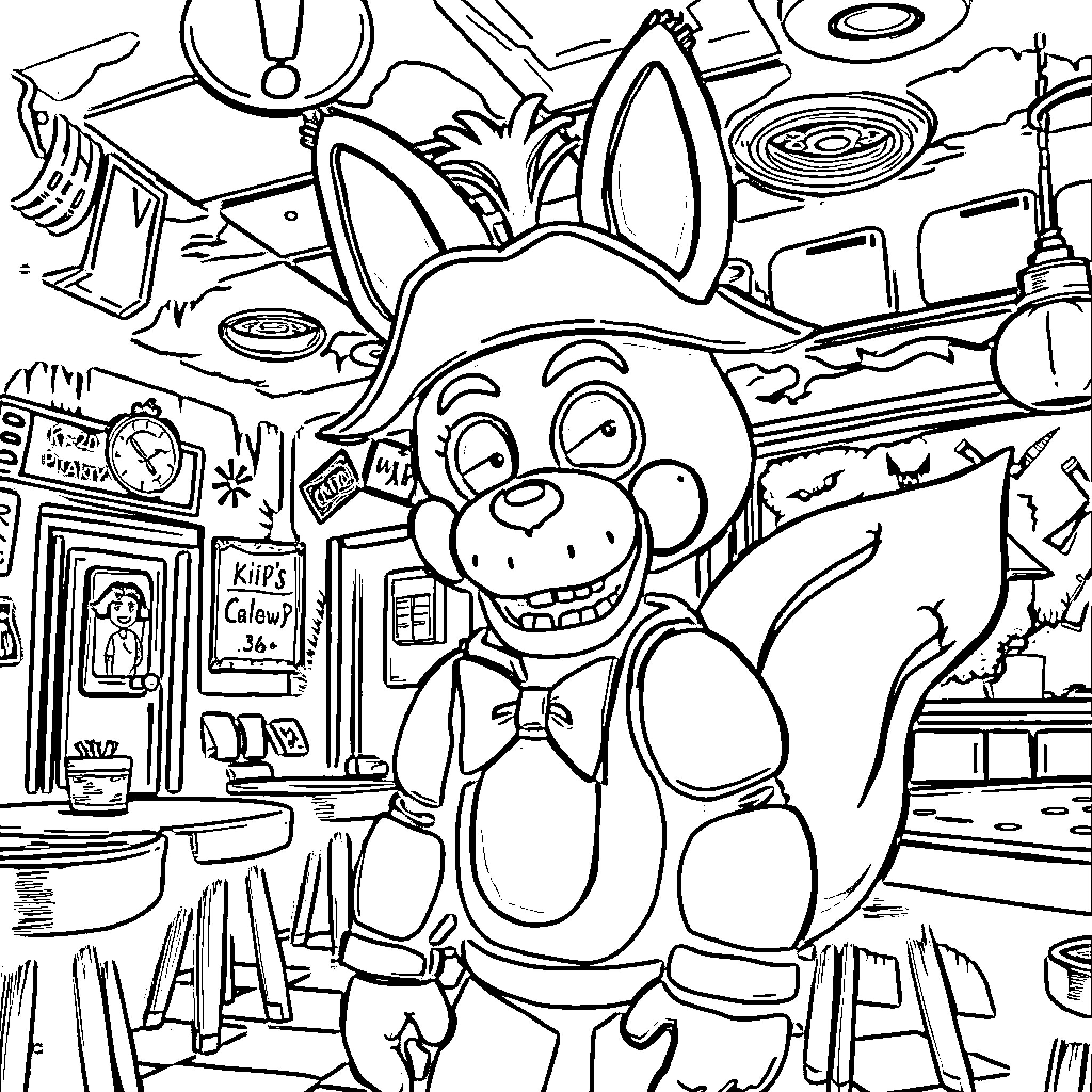 Foxy character exploring cluttered workshop Coloring Page (free black-and-white line drawing printable PDF for all, from beginners to advanced learners, including children, teens, adults, and seniors)