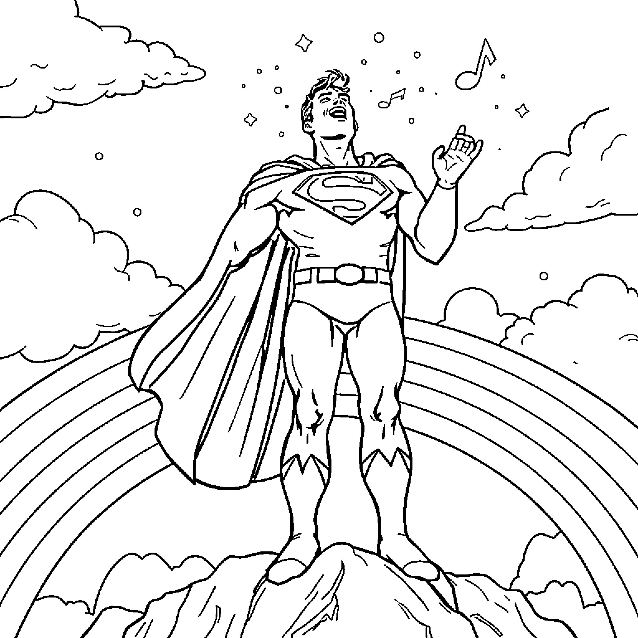 Superman soaring triumphantly through the clouds Coloring Page (free black-and-white line drawing printable PDF for all, from beginners to advanced learners, including children, teens, adults, and seniors)