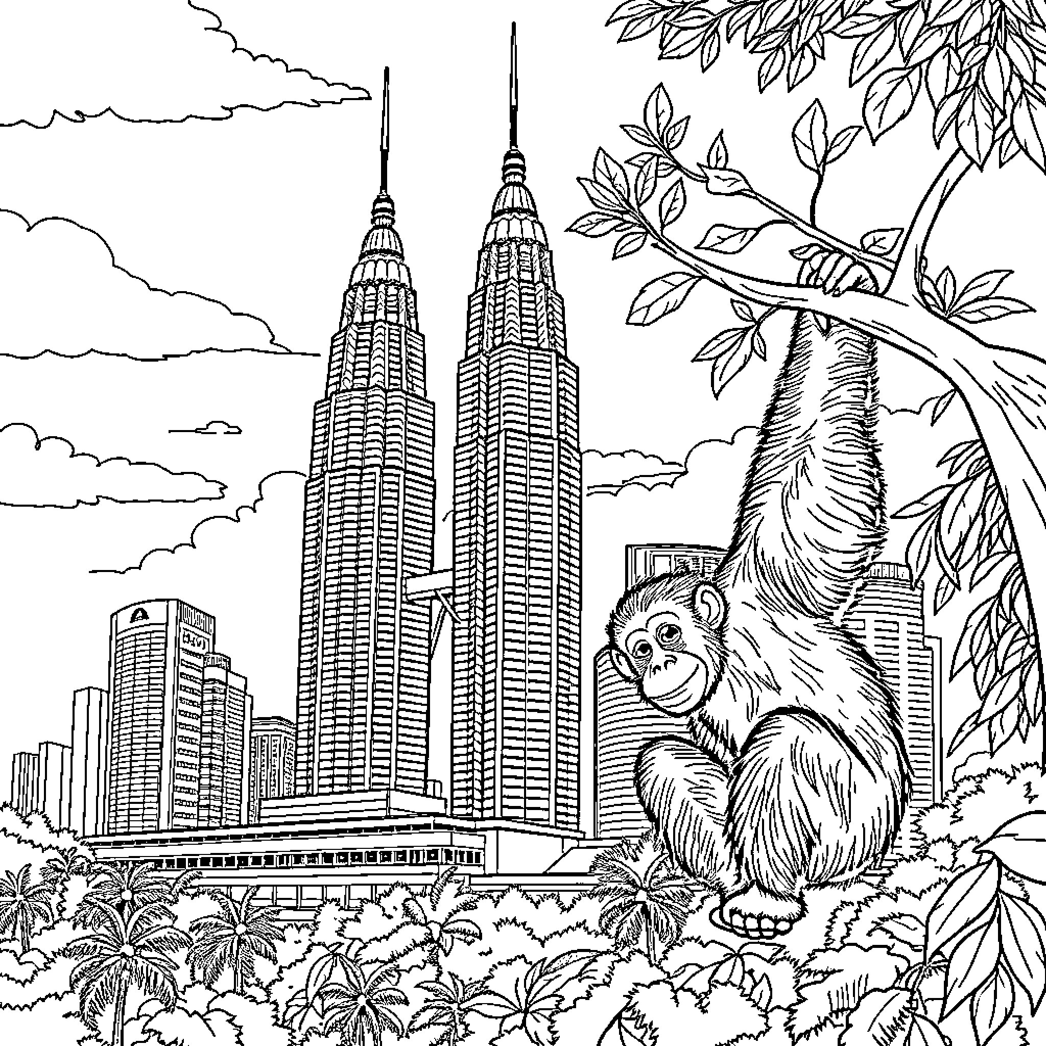 Tower of Majestic Skyscrapers Amid Lush Greenery Coloring Page (free black-and-white line drawing printable PDF for all, from beginners to advanced learners, including children, teens, adults, and seniors)