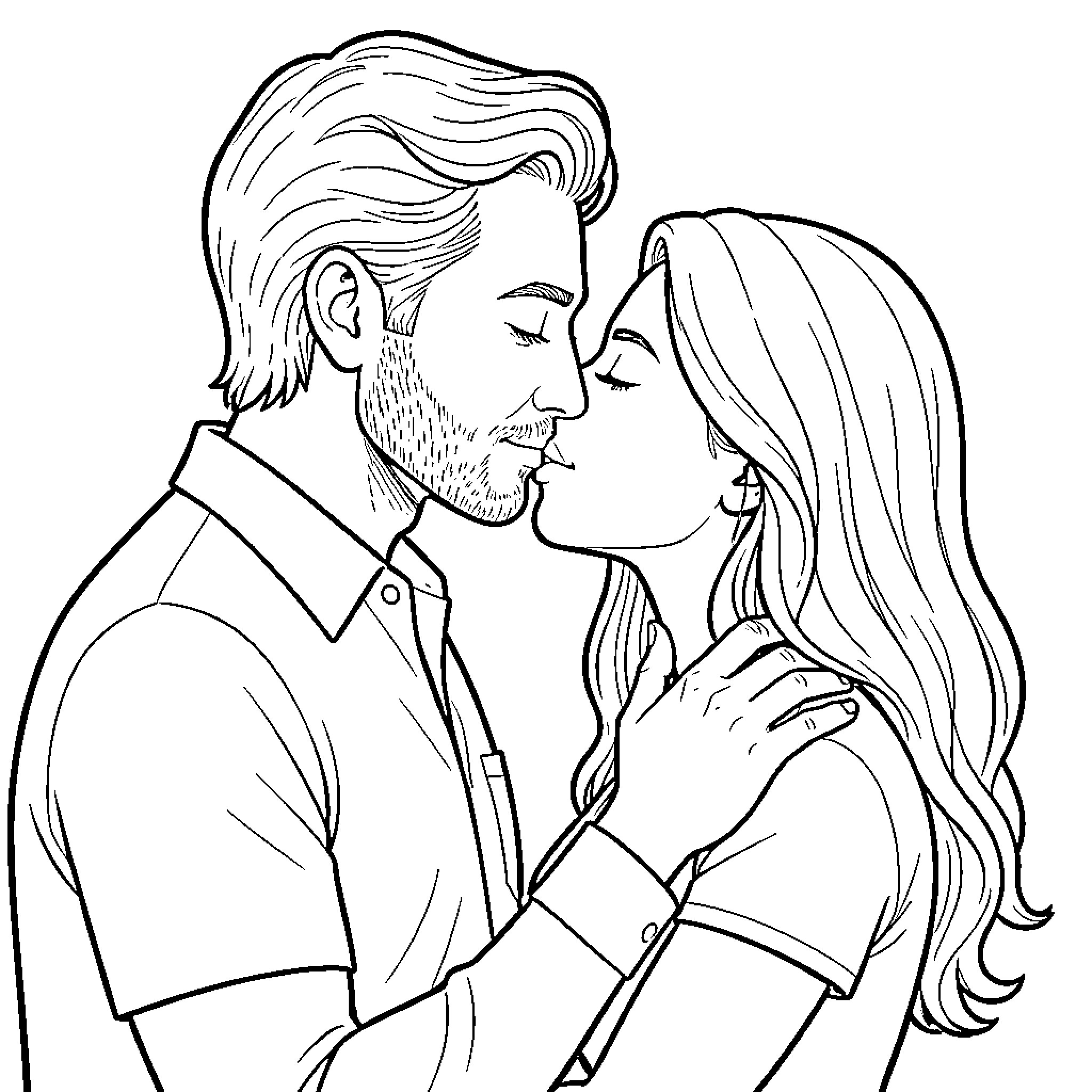 Kiss between a romantic couple embracing closely Coloring Page (free black-and-white line drawing printable PDF for all, from beginners to advanced learners, including children, teens, adults, and seniors)