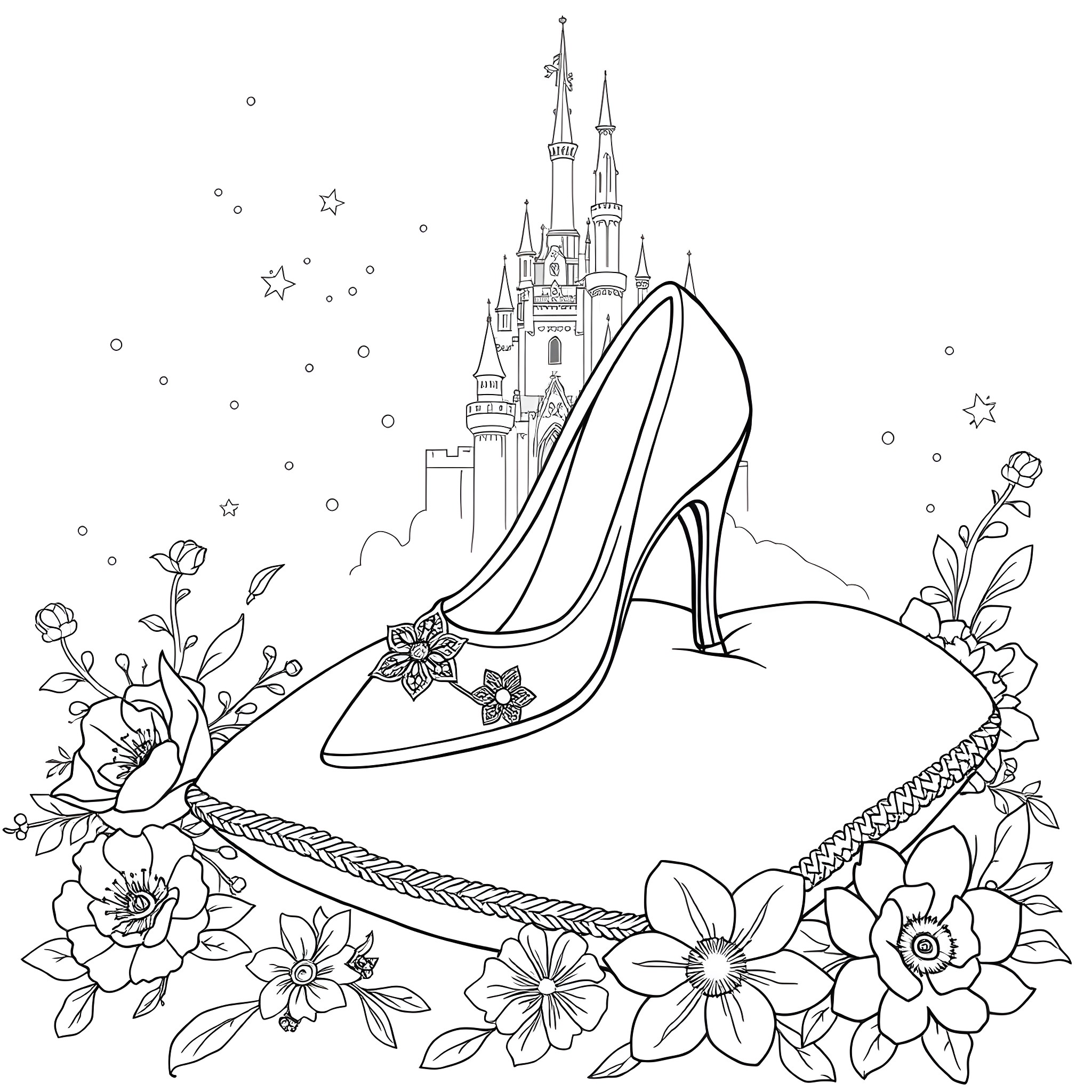 Cinderella's magical glass slipper in the enchanted castle garden Coloring Page (free black-and-white line drawing printable PDF for all, from beginners to advanced learners, including children, teens, adults, and seniors)