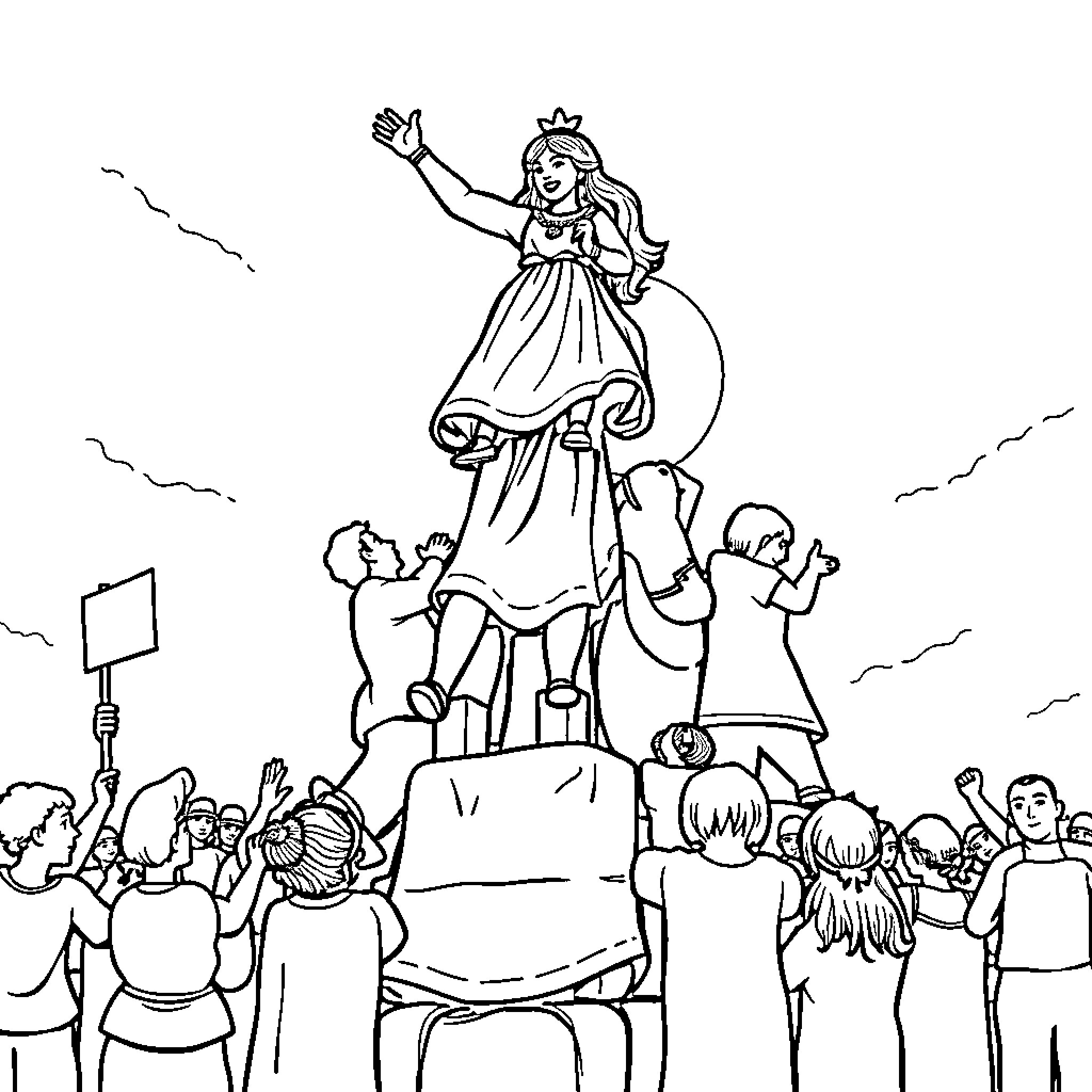 Colla Castellera: Performers in Celebratory Costumes Coloring Page (free black-and-white line drawing printable PDF for all, from beginners to advanced learners, including children, teens, adults, and seniors)