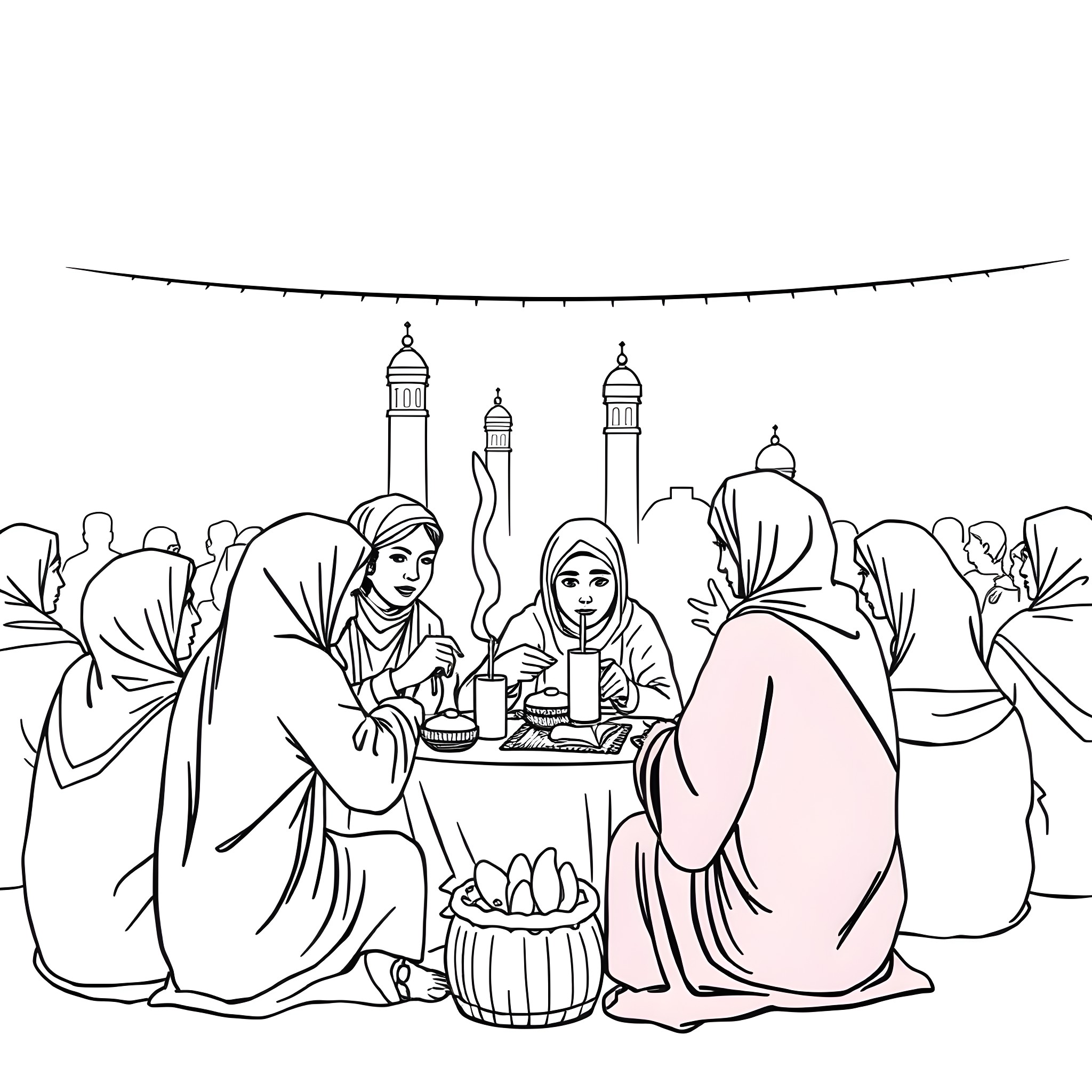 Tung Tung Gathering of women enjoying traditional meal Coloring Page (free black-and-white line drawing printable PDF for all, from beginners to advanced learners, including children, teens, adults, and seniors)