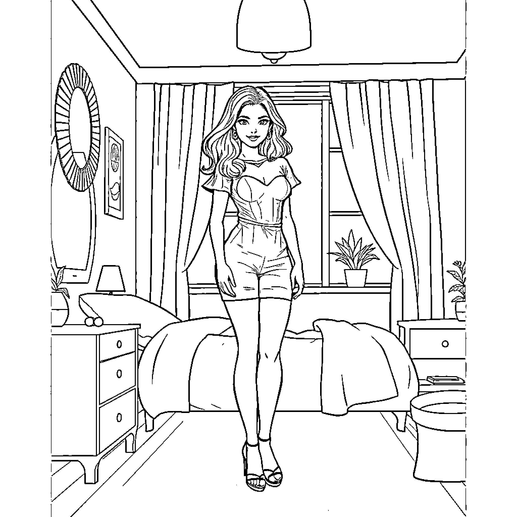 Isabella in a stylish bedroom setting Coloring Page (free black-and-white line drawing printable PDF for all, from beginners to advanced learners, including children, teens, adults, and seniors)
