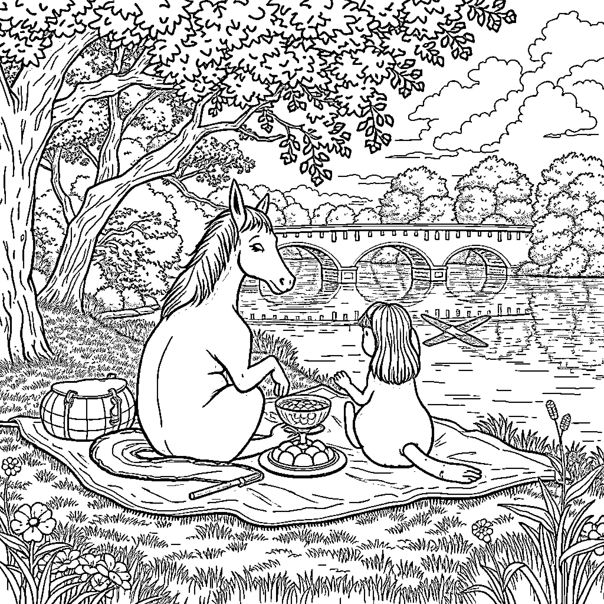Huntrx Unicorn Picnic by the Lake Coloring Page (free black-and-white line drawing printable PDF for all, from beginners to advanced learners, including children, teens, adults, and seniors)