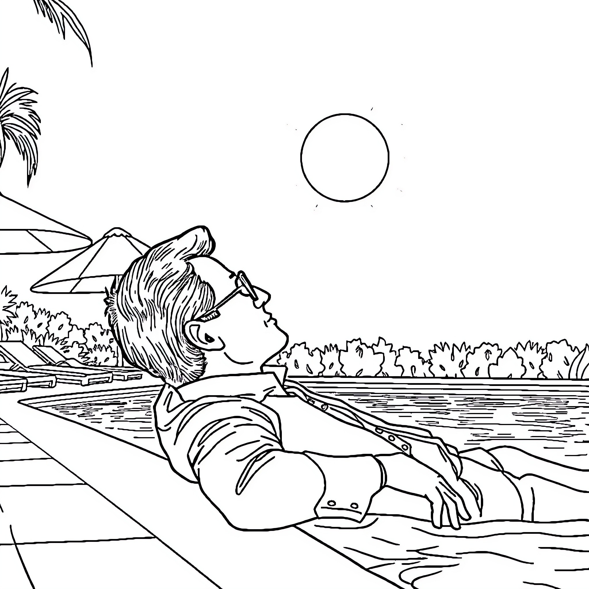 Macron relaxing by the pool Coloring Page (free black-and-white line drawing printable PDF for all, from beginners to advanced learners, including children, teens, adults, and seniors)