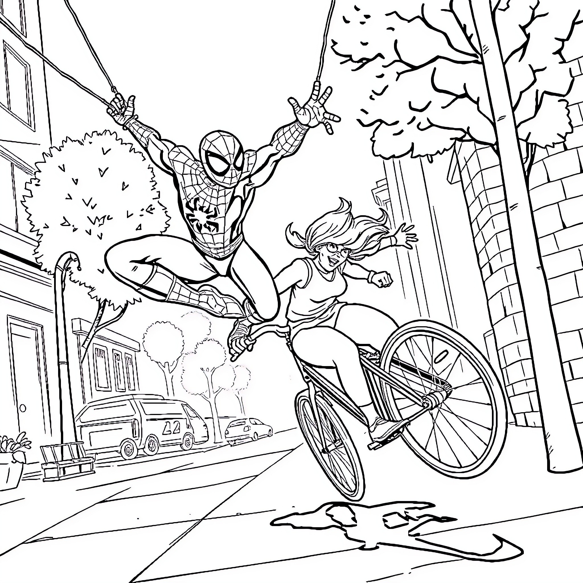 Spiderman swinging and woman riding bicycle in urban setting Coloring Page (free black-and-white line drawing printable PDF for all, from beginners to advanced learners, including children, teens, adults, and seniors)
