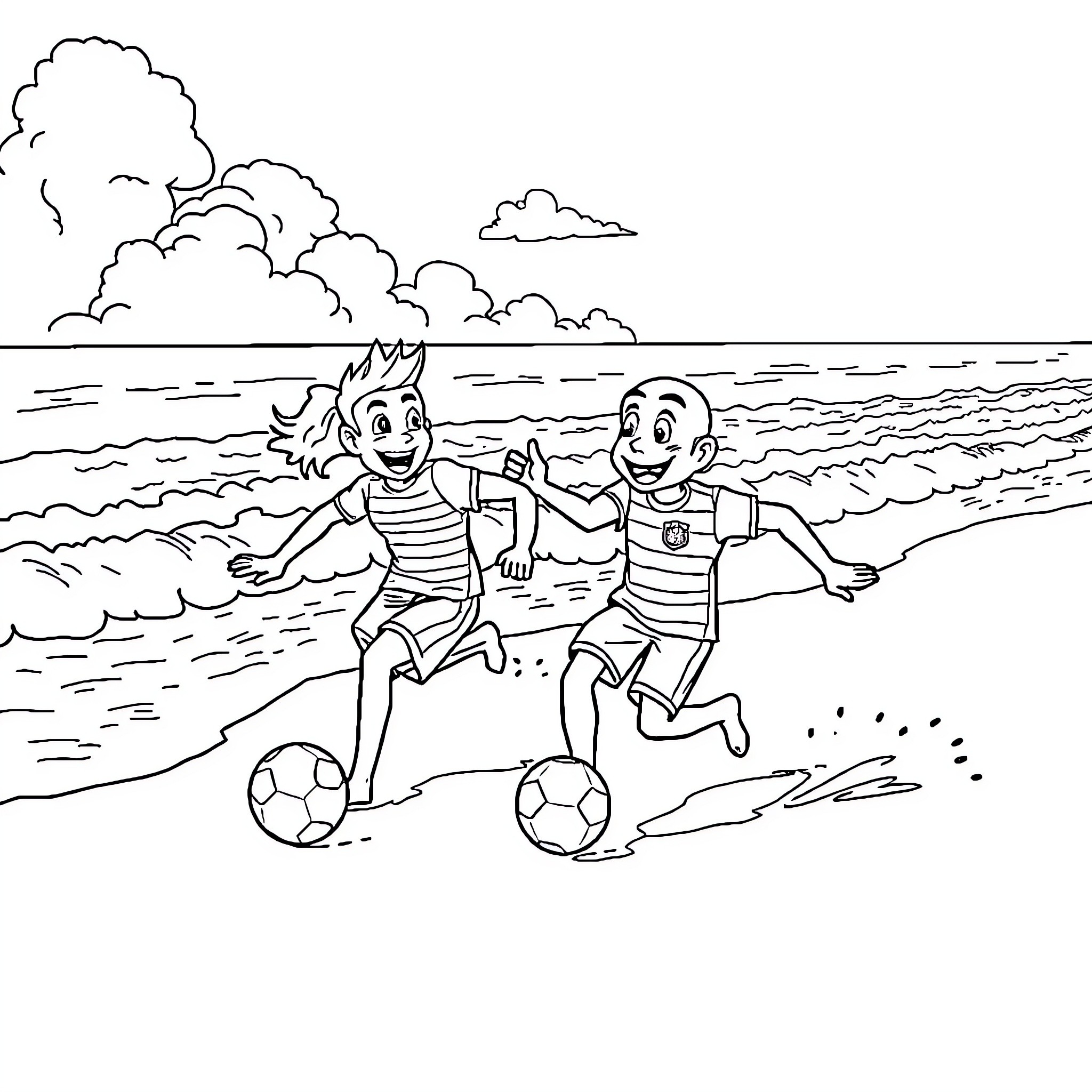 Futbol players enjoying a game on the beach Coloring Page (free black-and-white line drawing printable PDF for all, from beginners to advanced learners, including children, teens, adults, and seniors)