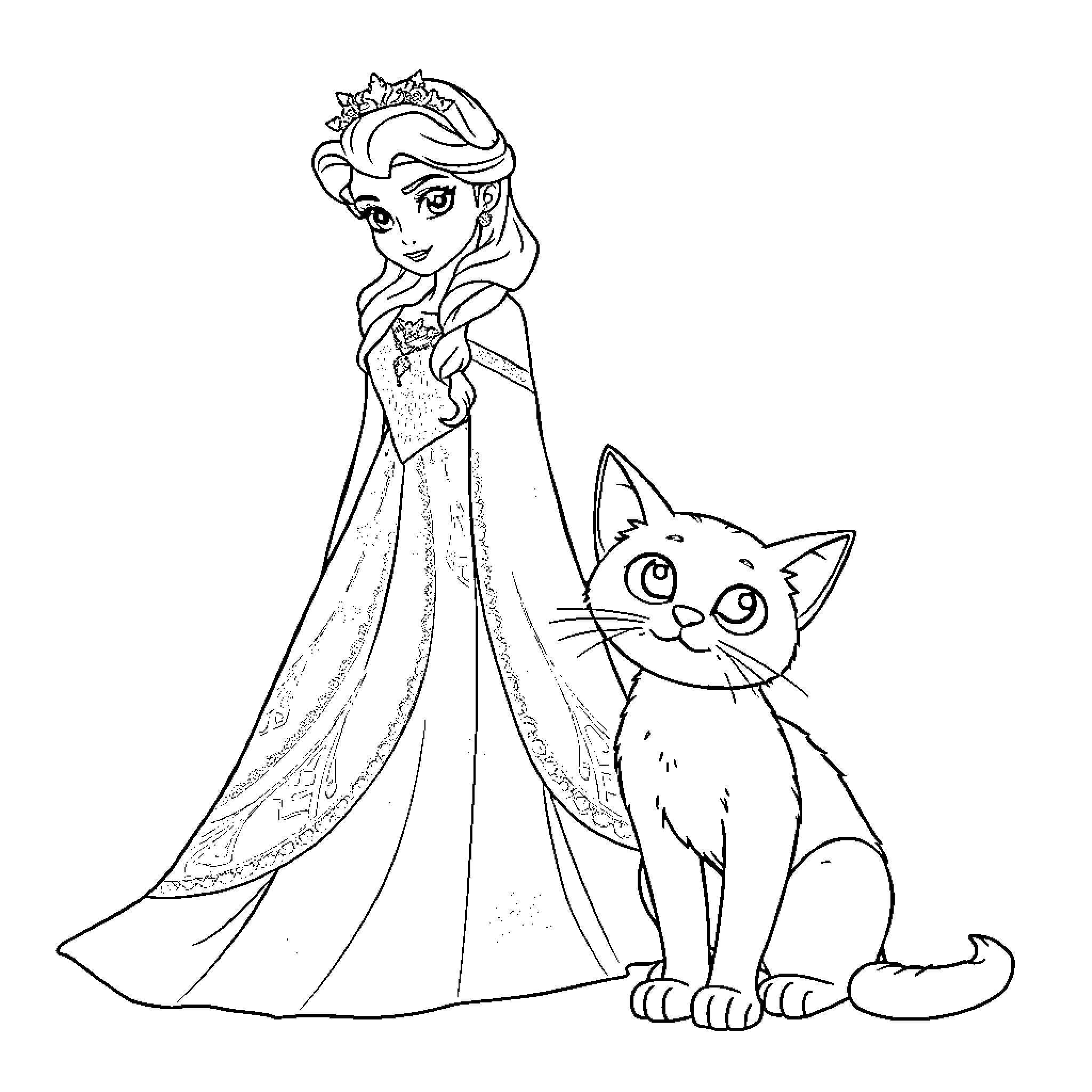 Queen in regal dress with a curious cat Coloring Page (free black-and-white line drawing printable PDF for all, from beginners to advanced learners, including children, teens, adults, and seniors)