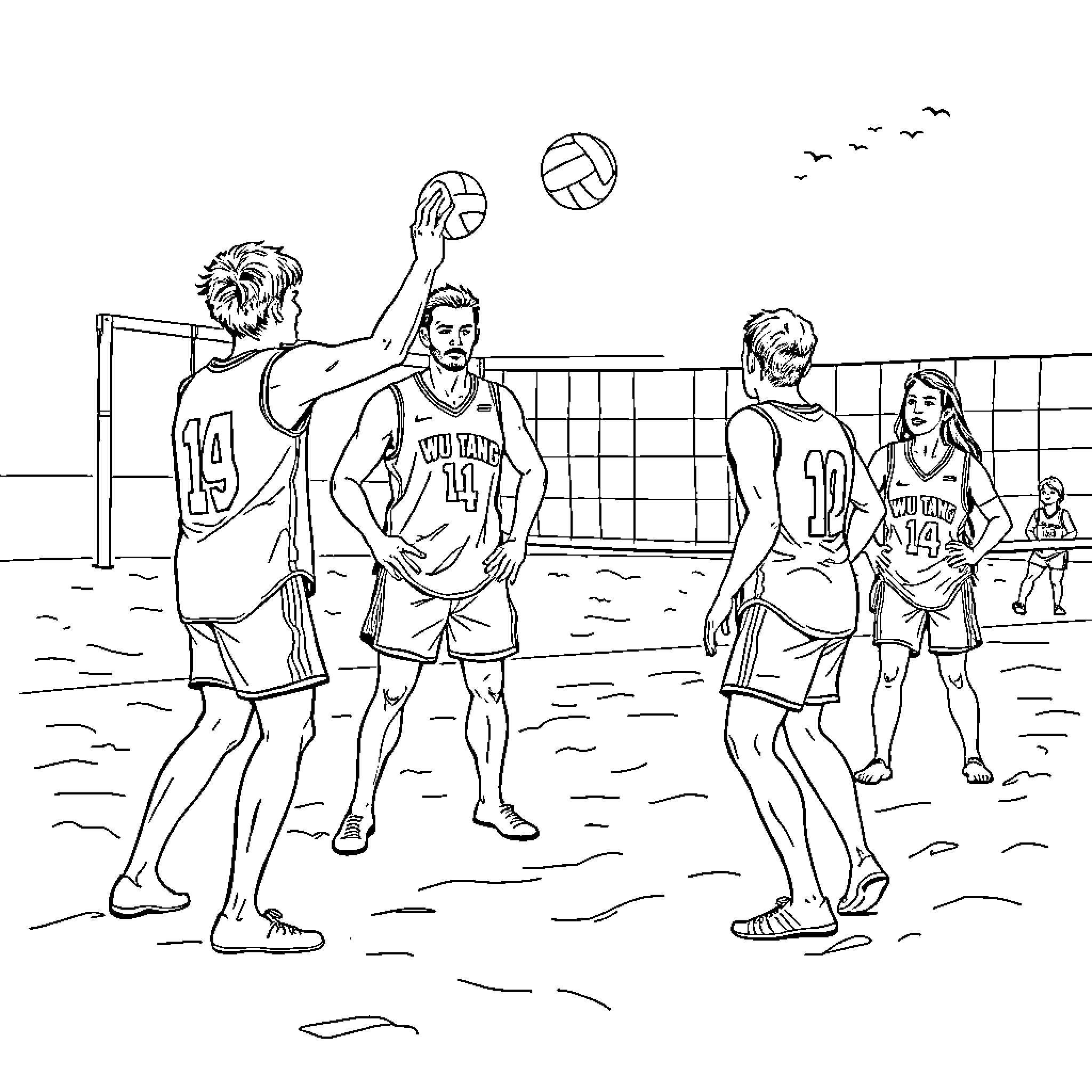 Volleyball players in action on the beach Coloring Page (free black-and-white line drawing printable PDF for all, from beginners to advanced learners, including children, teens, adults, and seniors)