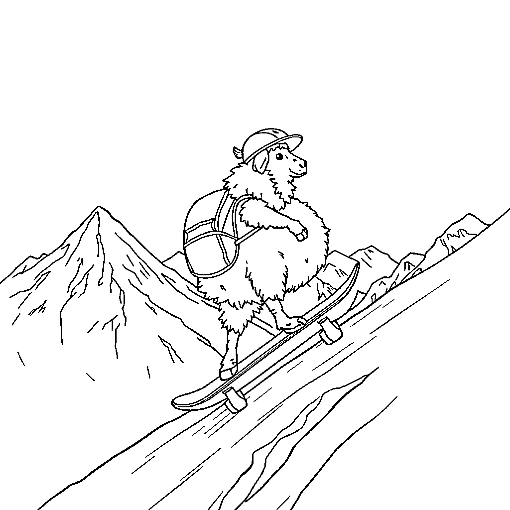 Chameau skiing down snowy mountain slopes Coloring Page (free black-and-white line drawing printable PDF for all, from beginners to advanced learners, including children, teens, adults, and seniors)