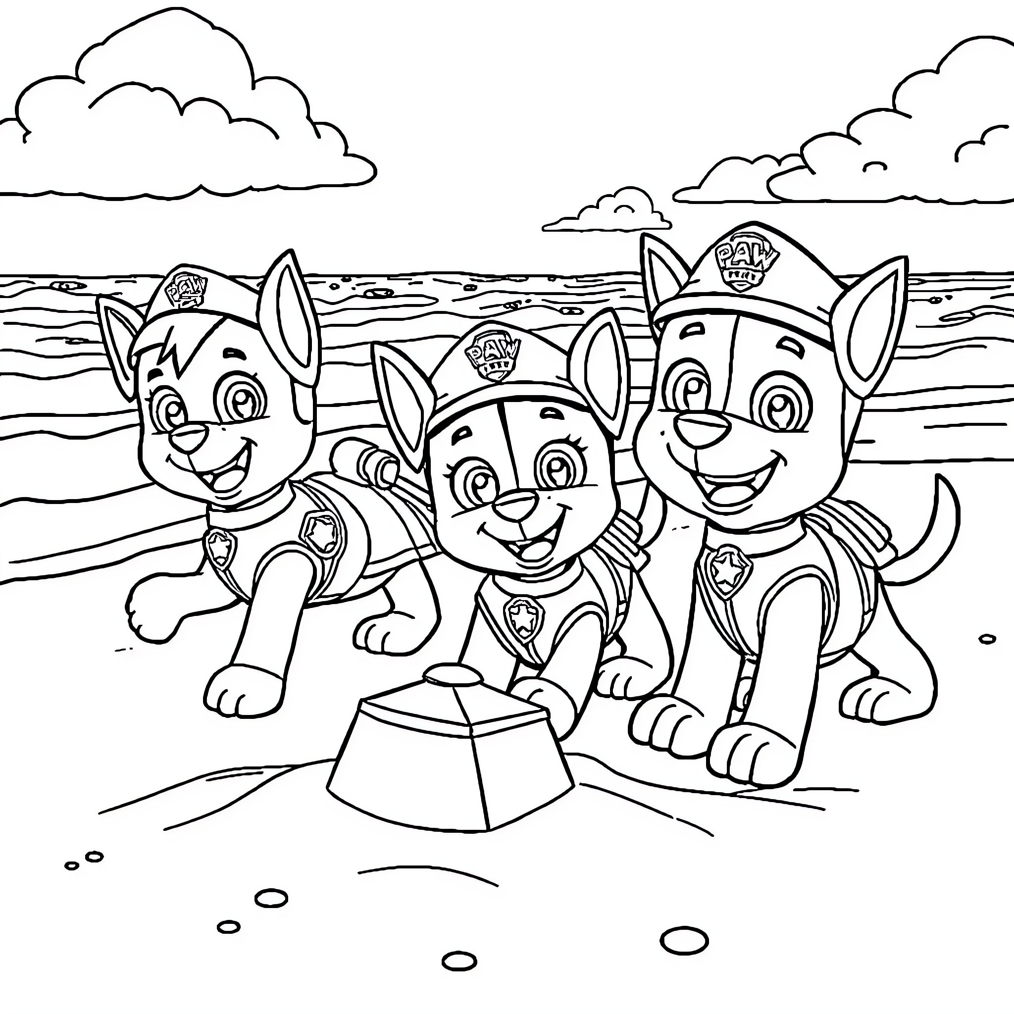Paw Patrol puppies on the beach Coloring Page (free black-and-white line drawing printable PDF for all, from beginners to advanced learners, including children, teens, adults, and seniors)