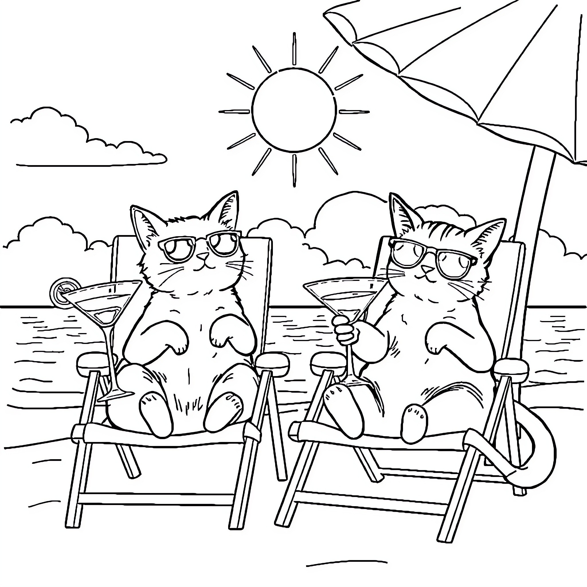 Cats relaxing on beach chairs under the sun Coloring Page (free black-and-white line drawing printable PDF for all, from beginners to advanced learners, including children, teens, adults, and seniors)