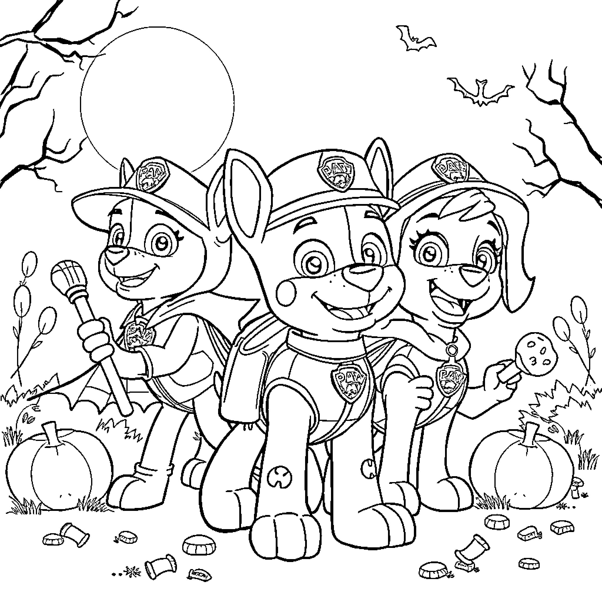 Pat's Spooky Halloween Adventure with Paw Patrol Pups Coloring Page (free black-and-white line drawing printable PDF for all, from beginners to advanced learners, including children, teens, adults, and seniors)