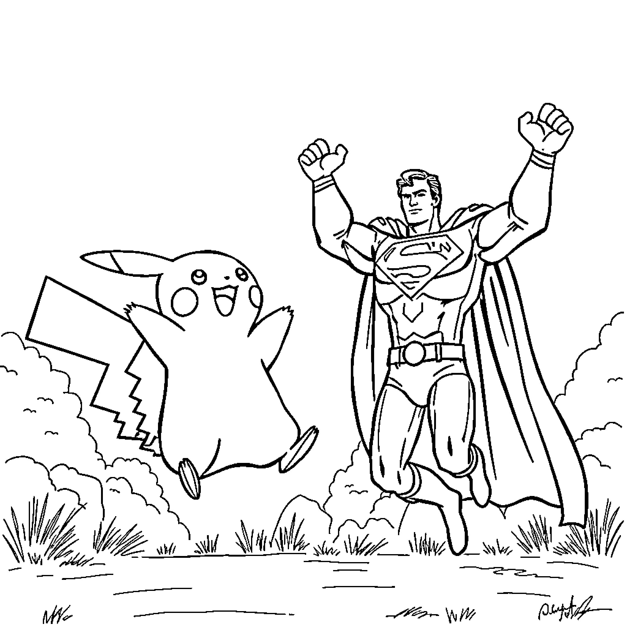 Pikachu and Superman in an epic showdown Coloring Page (free black-and-white line drawing printable PDF for all, from beginners to advanced learners, including children, teens, adults, and seniors)