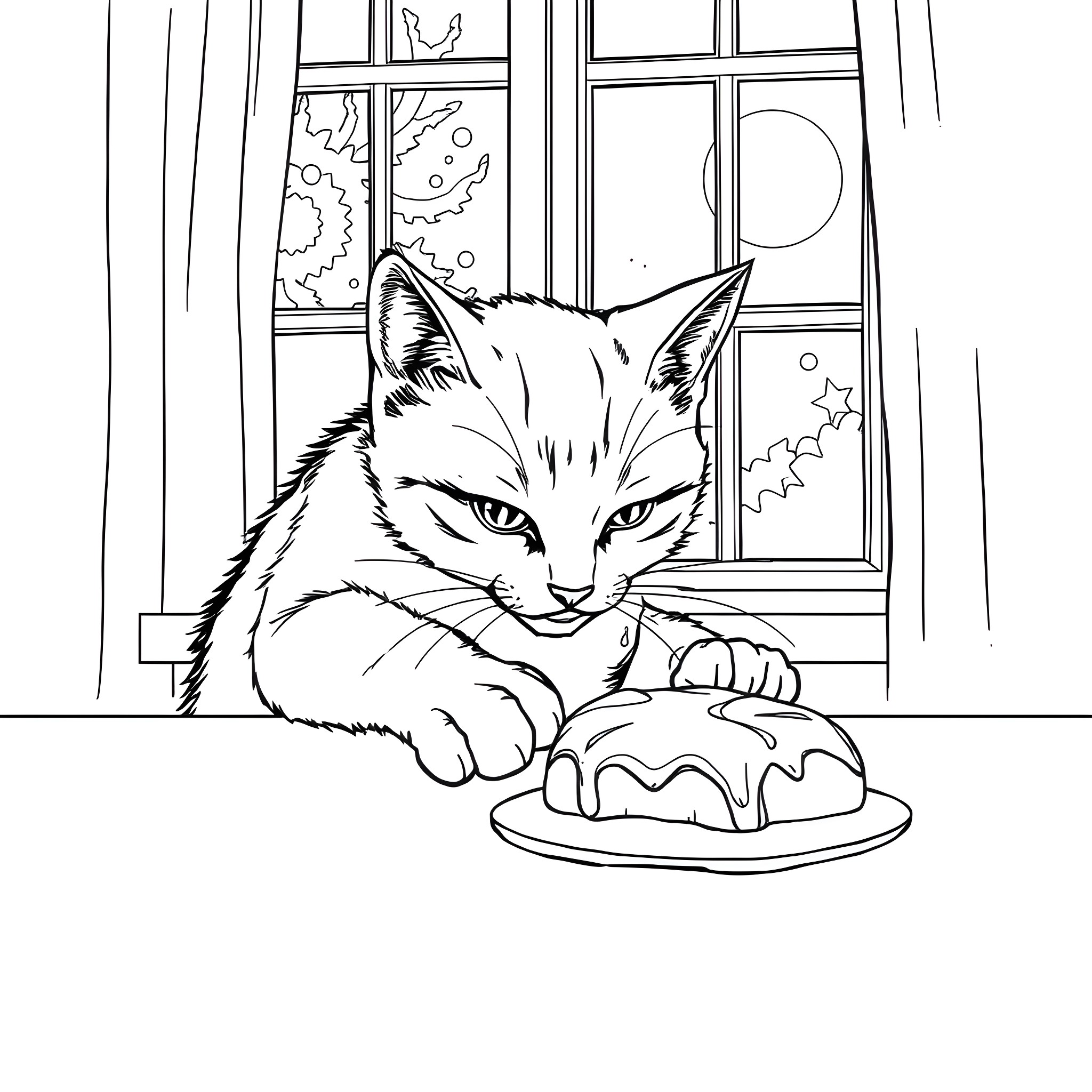 Cat looking intently at pastry on plate Coloring Page (free black-and-white line drawing printable PDF for all, from beginners to advanced learners, including children, teens, adults, and seniors)