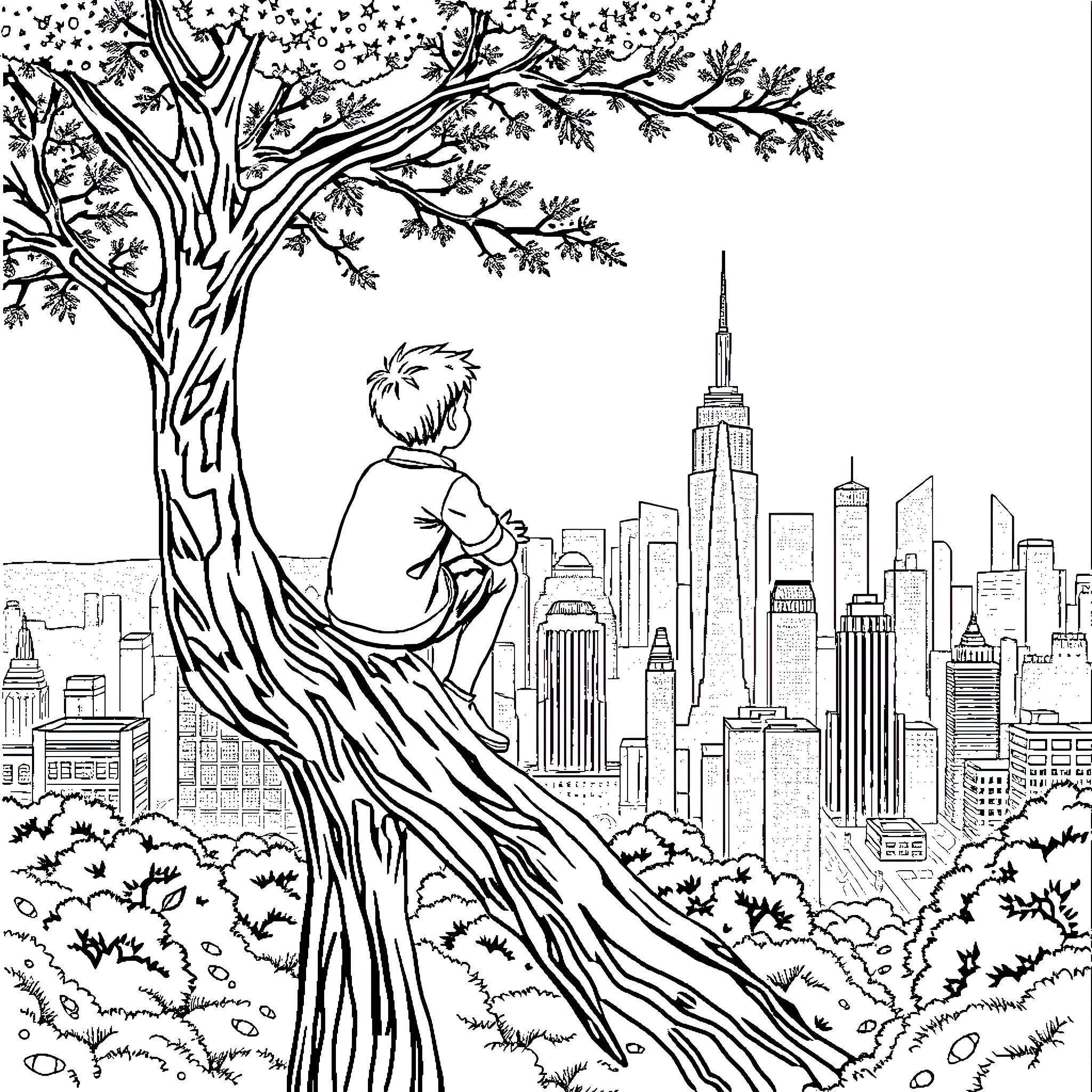 Boy sitting on a tree branch overlooking the city skyline Coloring Page (free black-and-white line drawing printable PDF for all, from beginners to advanced learners, including children, teens, adults, and seniors)