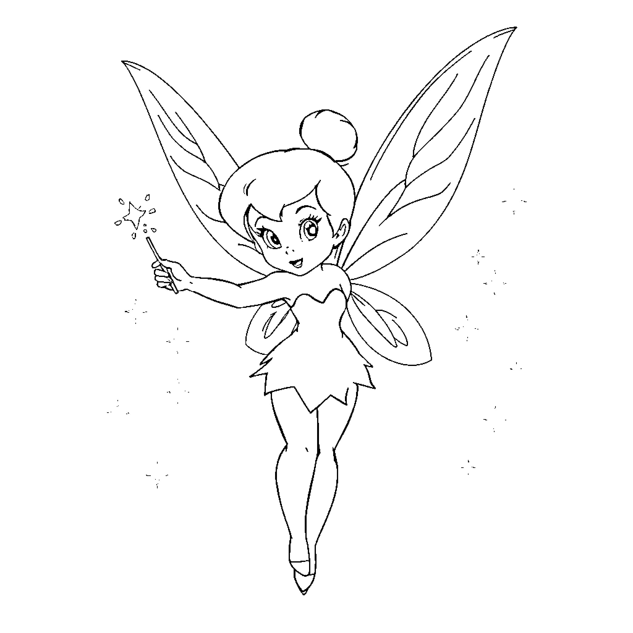 Tinkerbell in Whimsical Fairy Pose Coloring Page (free black-and-white line drawing printable PDF for all, from beginners to advanced learners, including children, teens, adults, and seniors)
