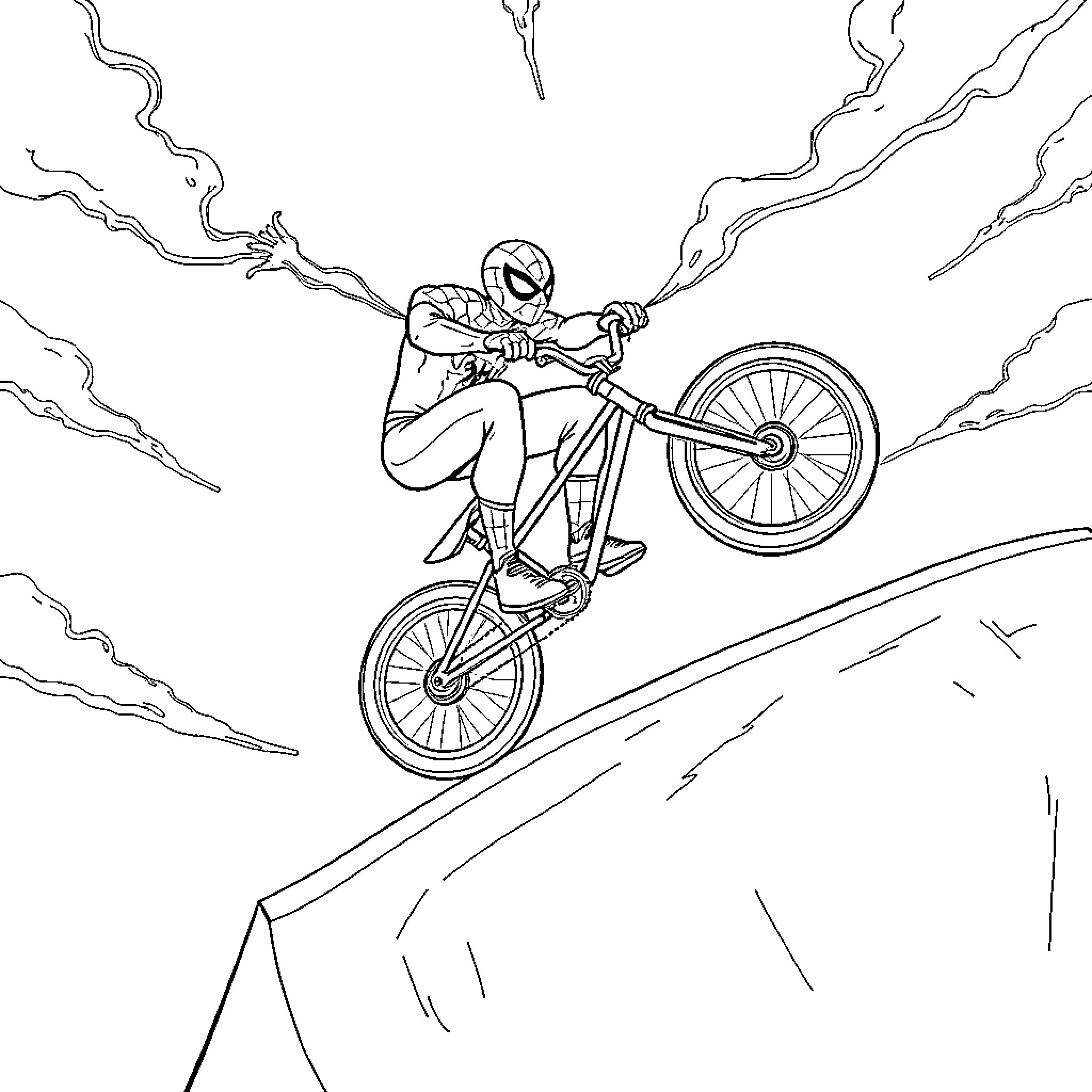 Spiderman performing extreme BMX stunts in the city Coloring Page (free black-and-white line drawing printable PDF for all, from beginners to advanced learners, including children, teens, adults, and seniors)