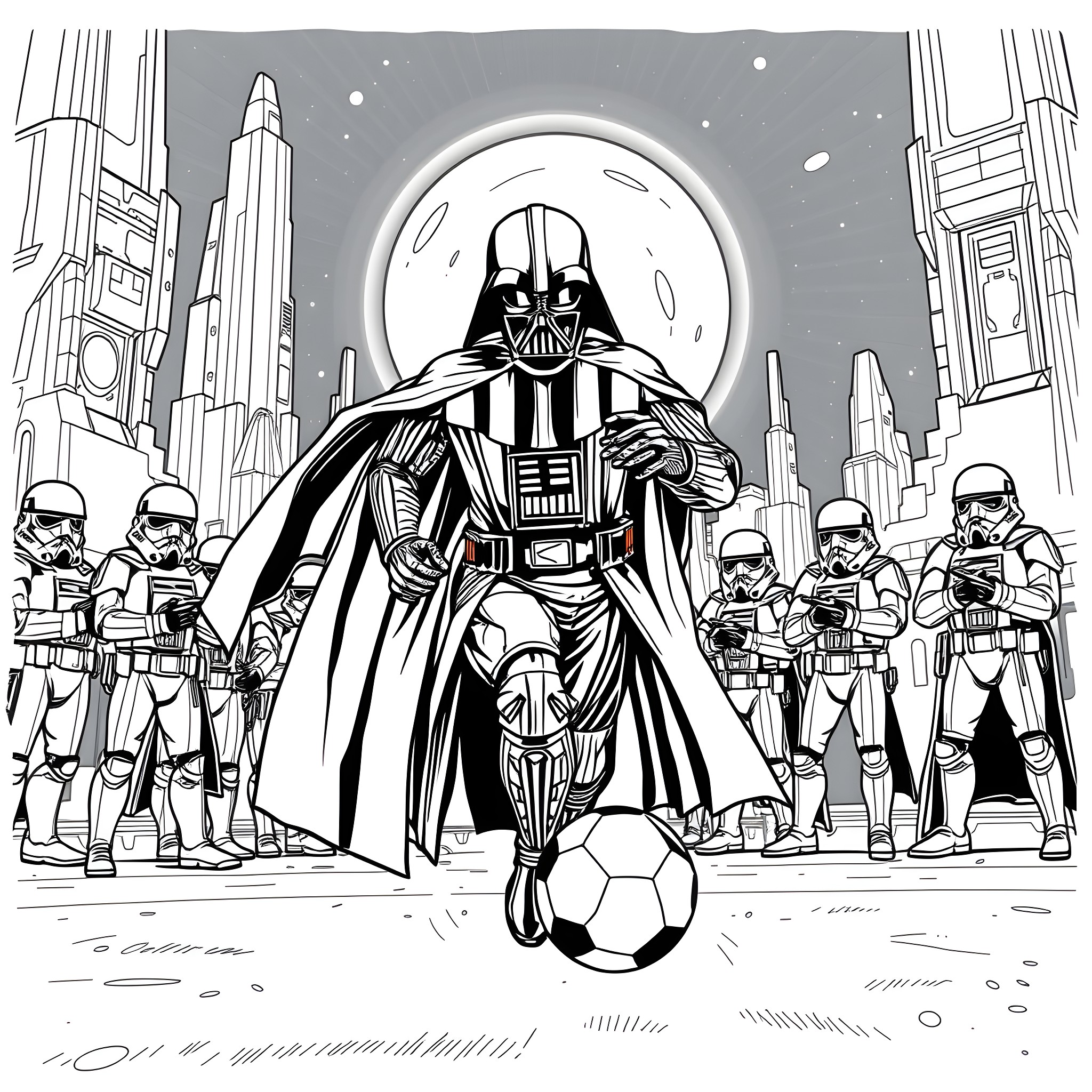 Darth Vader playing soccer with Stormtroopers Coloring Page (free black-and-white line drawing printable PDF for all, from beginners to advanced learners, including children, teens, adults, and seniors)