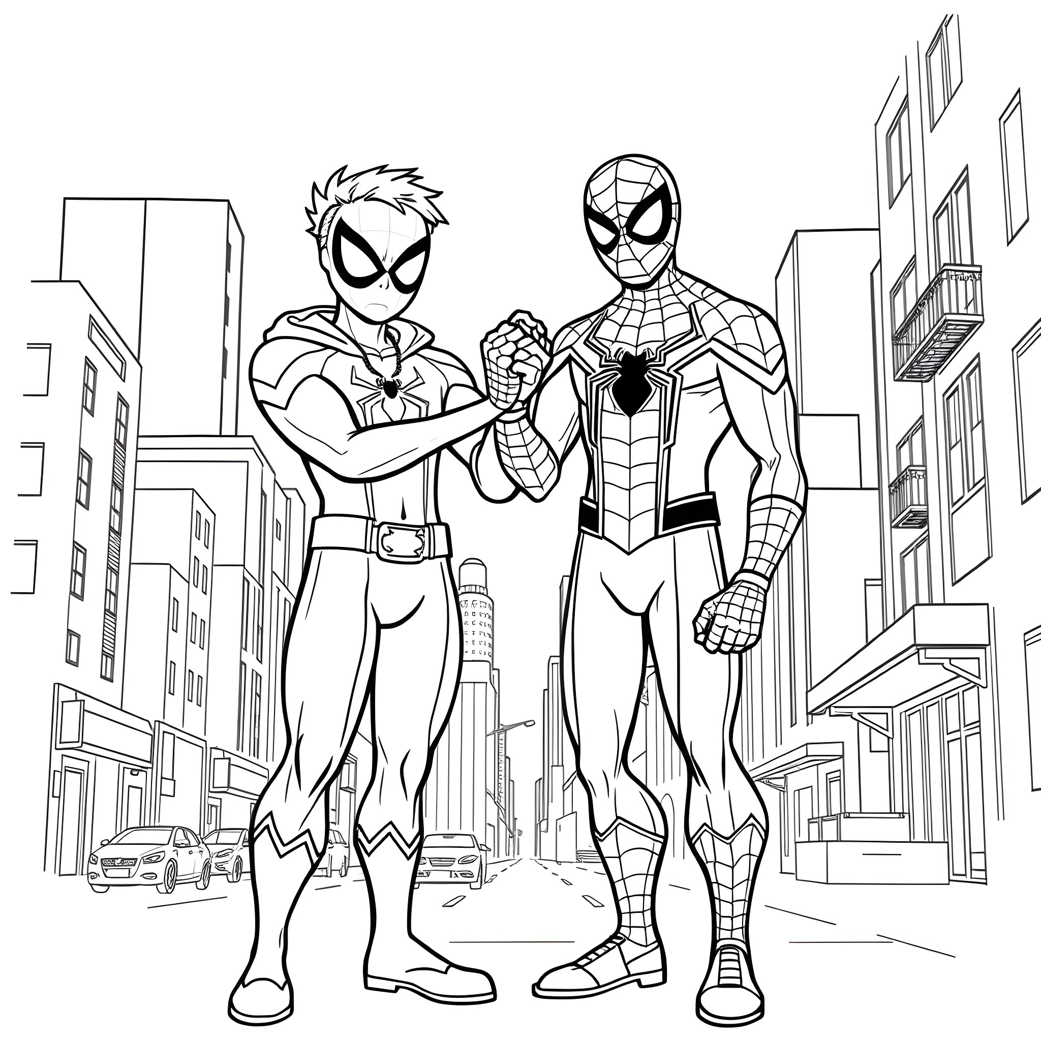 Cricket heroes in action against the cityscape Coloring Page (free black-and-white line drawing printable PDF for all, from beginners to advanced learners, including children, teens, adults, and seniors)