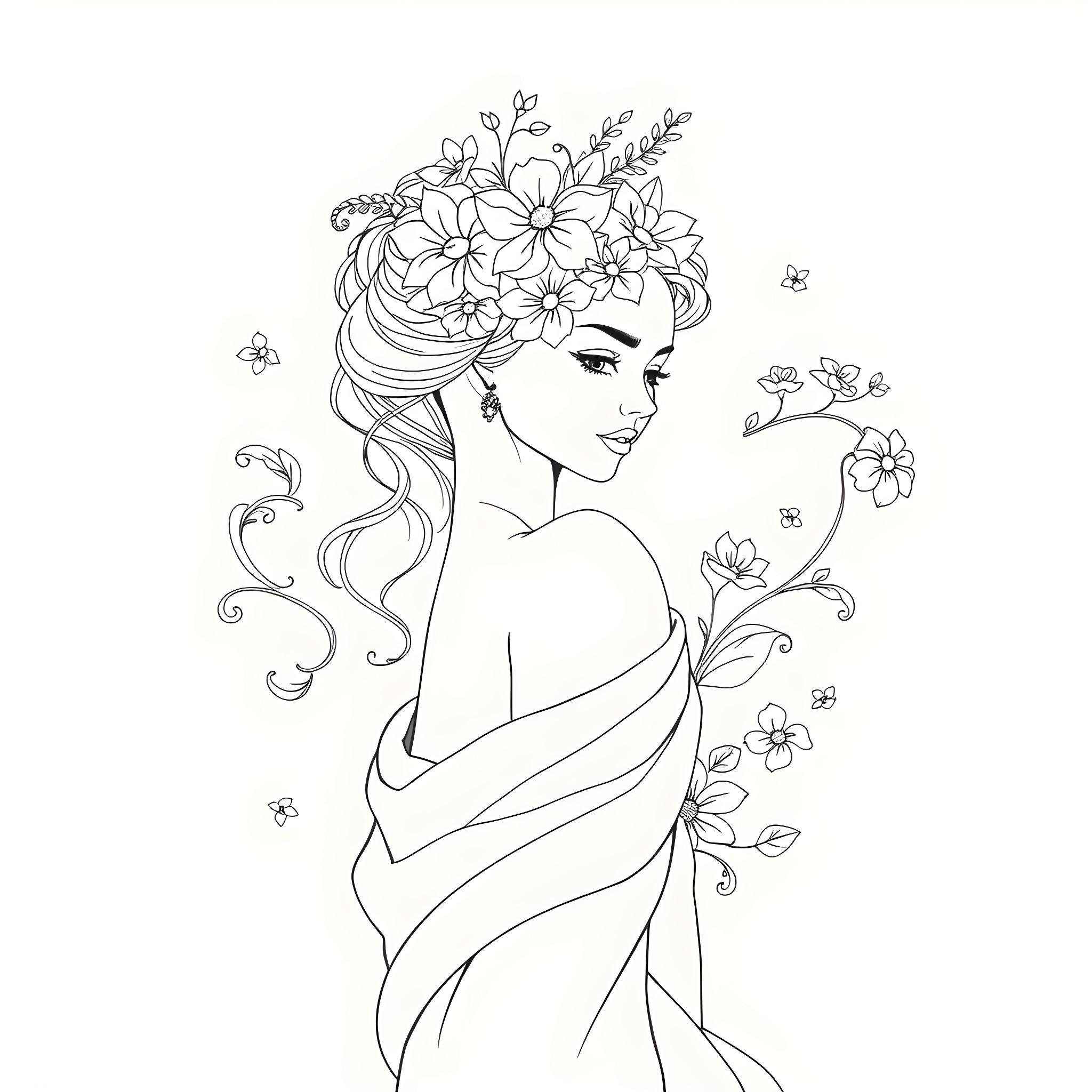 Lady with Floral Hair Adornment Coloring Page (free black-and-white line drawing printable PDF for all, from beginners to advanced learners, including children, teens, adults, and seniors)
