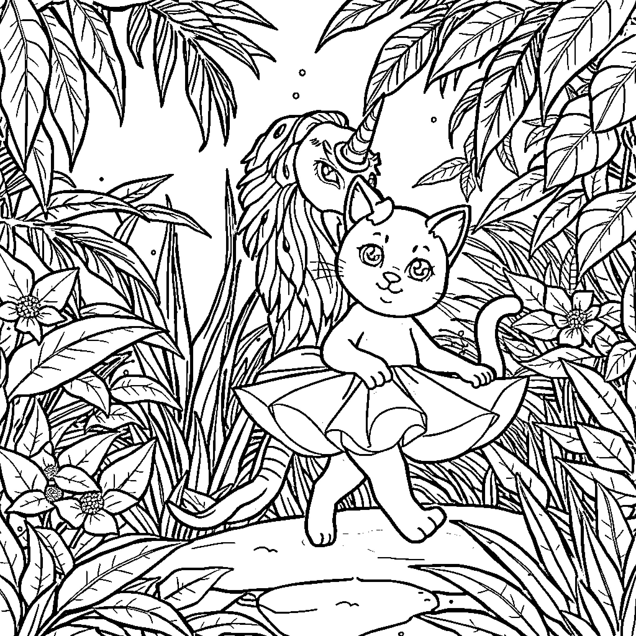 Licorne kitty explores the lush forest Coloring Page (free black-and-white line drawing printable PDF for all, from beginners to advanced learners, including children, teens, adults, and seniors)