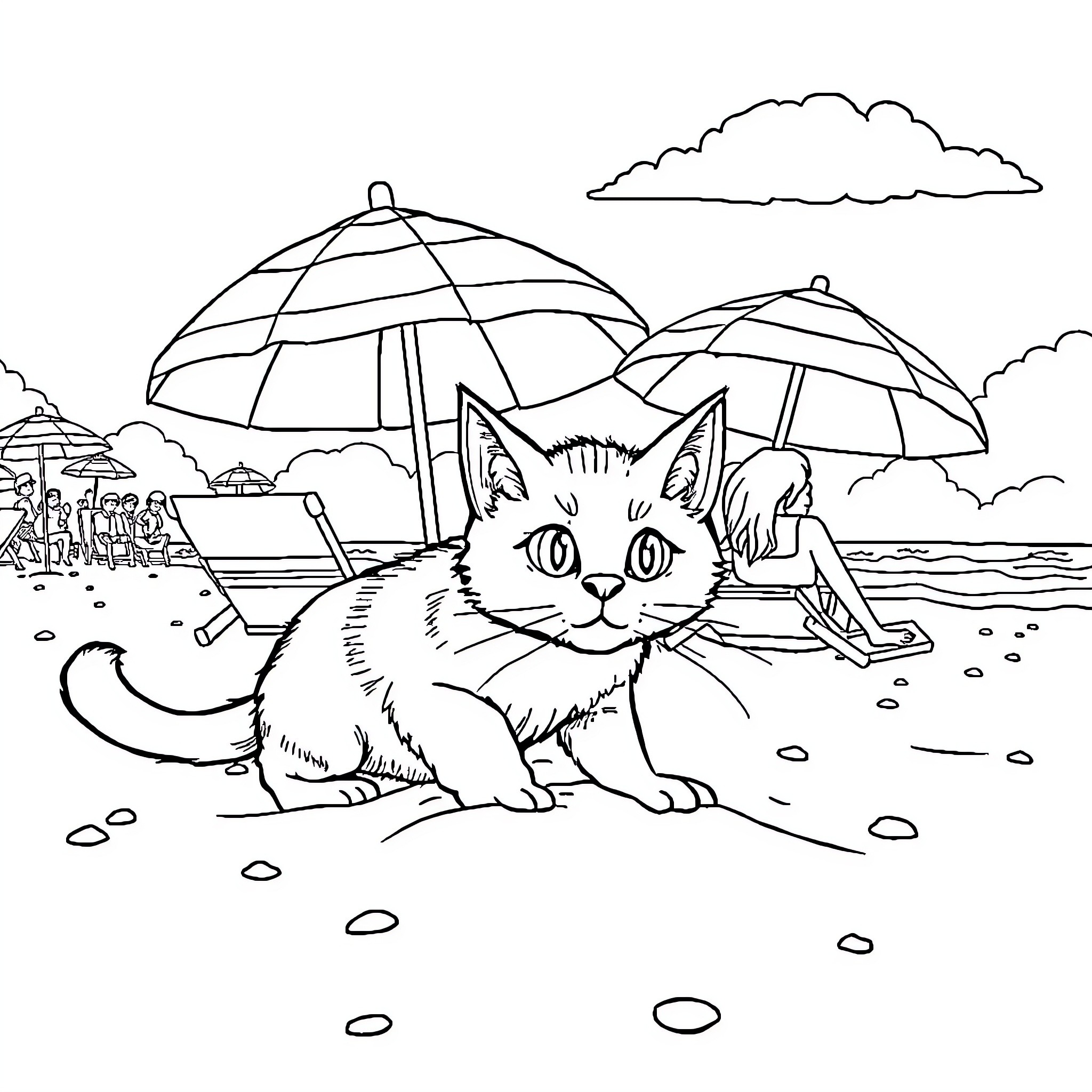 Cat enjoying sunny day at the beach Coloring Page (free black-and-white line drawing printable PDF for all, from beginners to advanced learners, including children, teens, adults, and seniors)