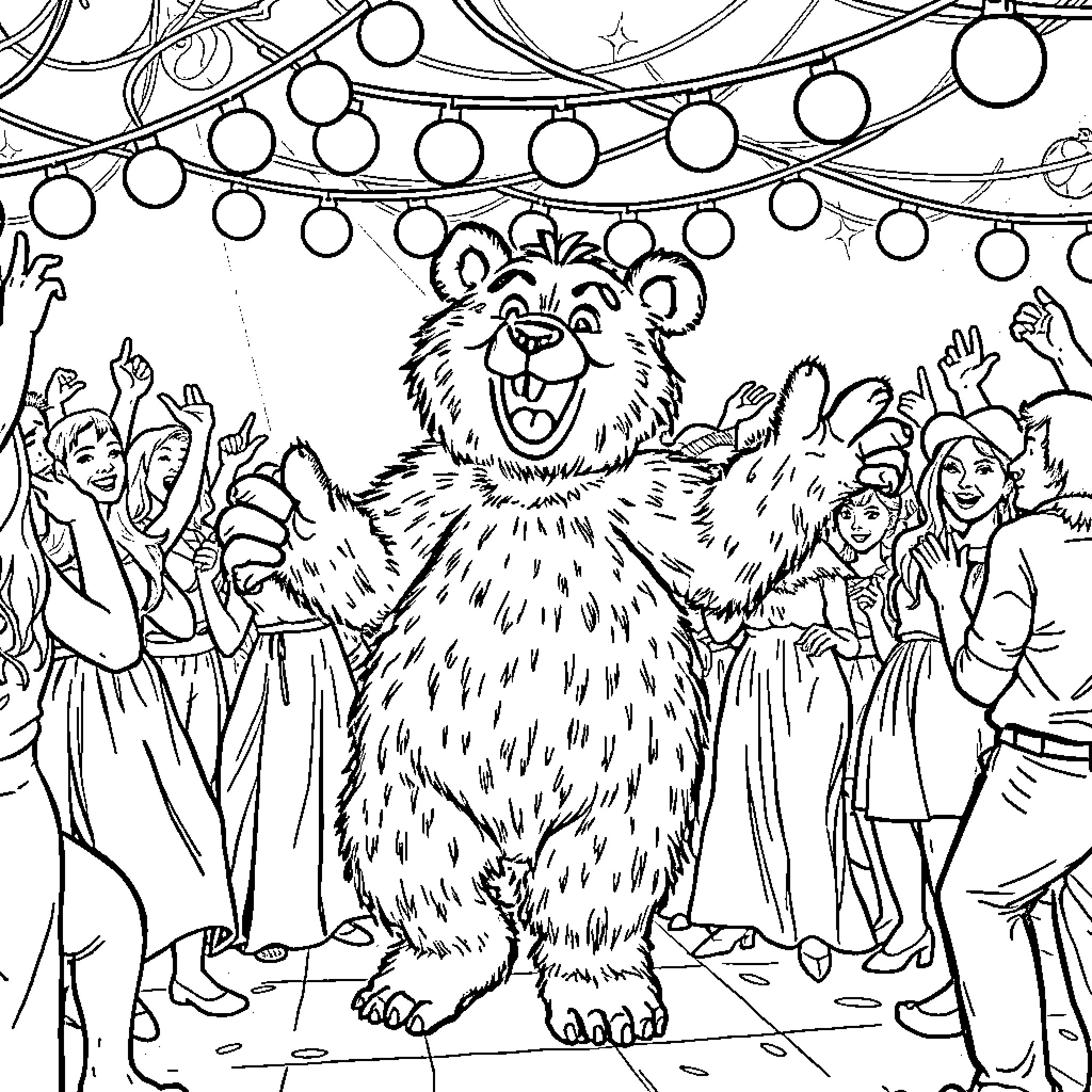 Frazbear and friends celebrate joyfully at the carnival Coloring Page (free black-and-white line drawing printable PDF for all, from beginners to advanced learners, including children, teens, adults, and seniors)