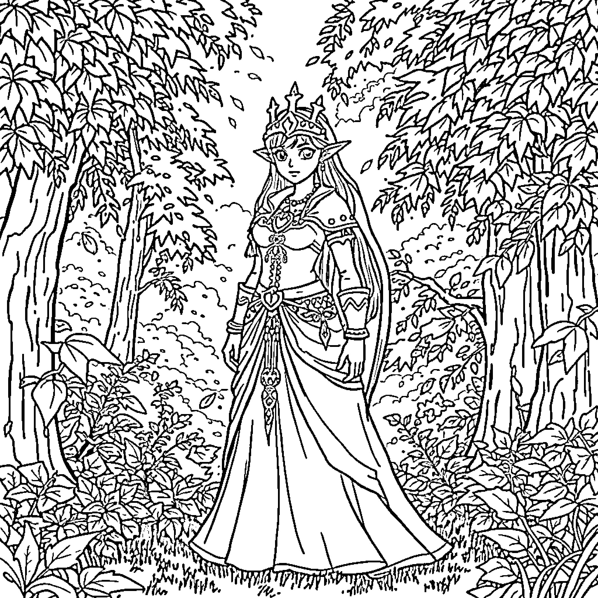 Zelda's Adventure in the Enchanted Forest Coloring Page (free black-and-white line drawing printable PDF for all, from beginners to advanced learners, including children, teens, adults, and seniors)