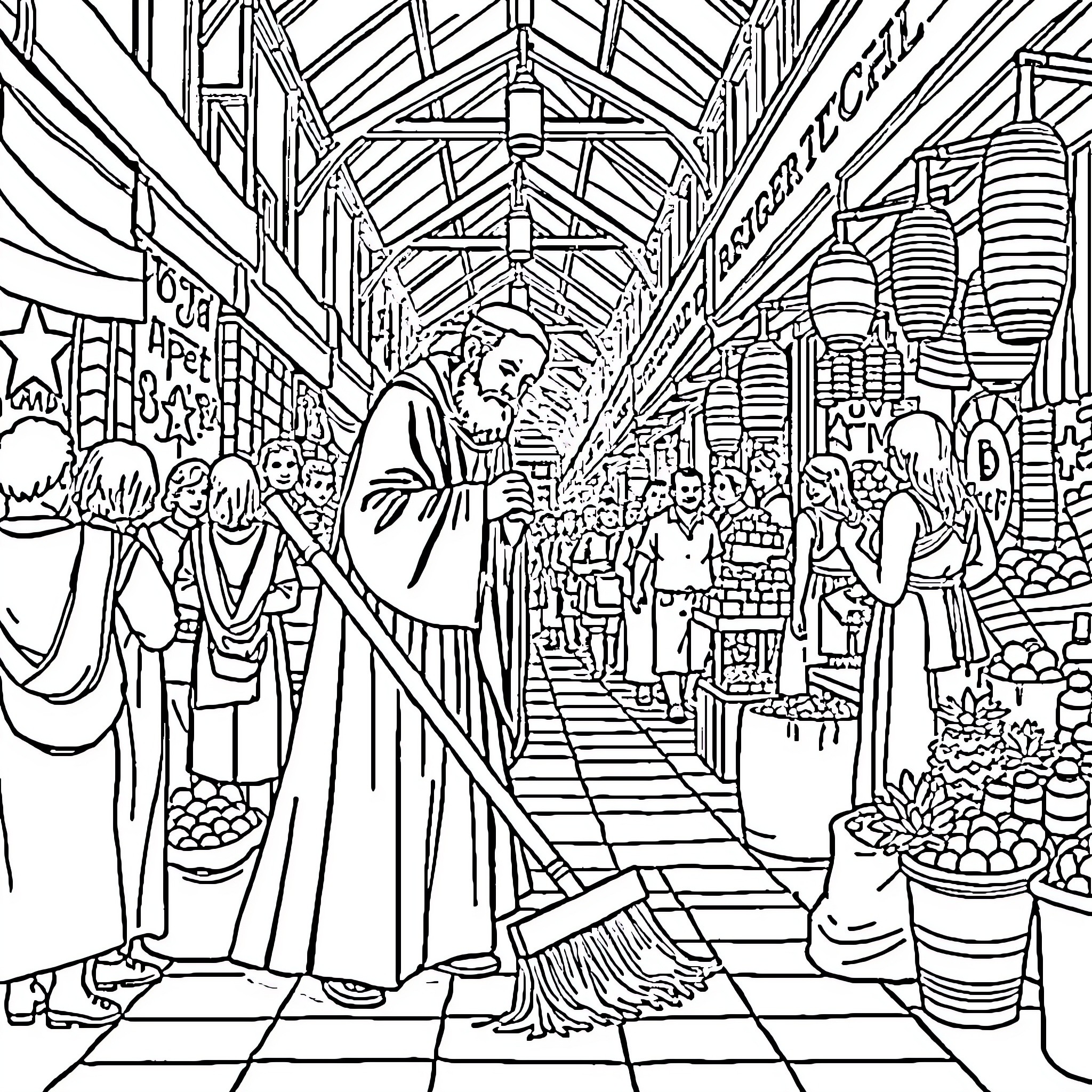 San Ignacio de Loyola in a bustling marketplace Coloring Page (free black-and-white line drawing printable PDF for all, from beginners to advanced learners, including children, teens, adults, and seniors)