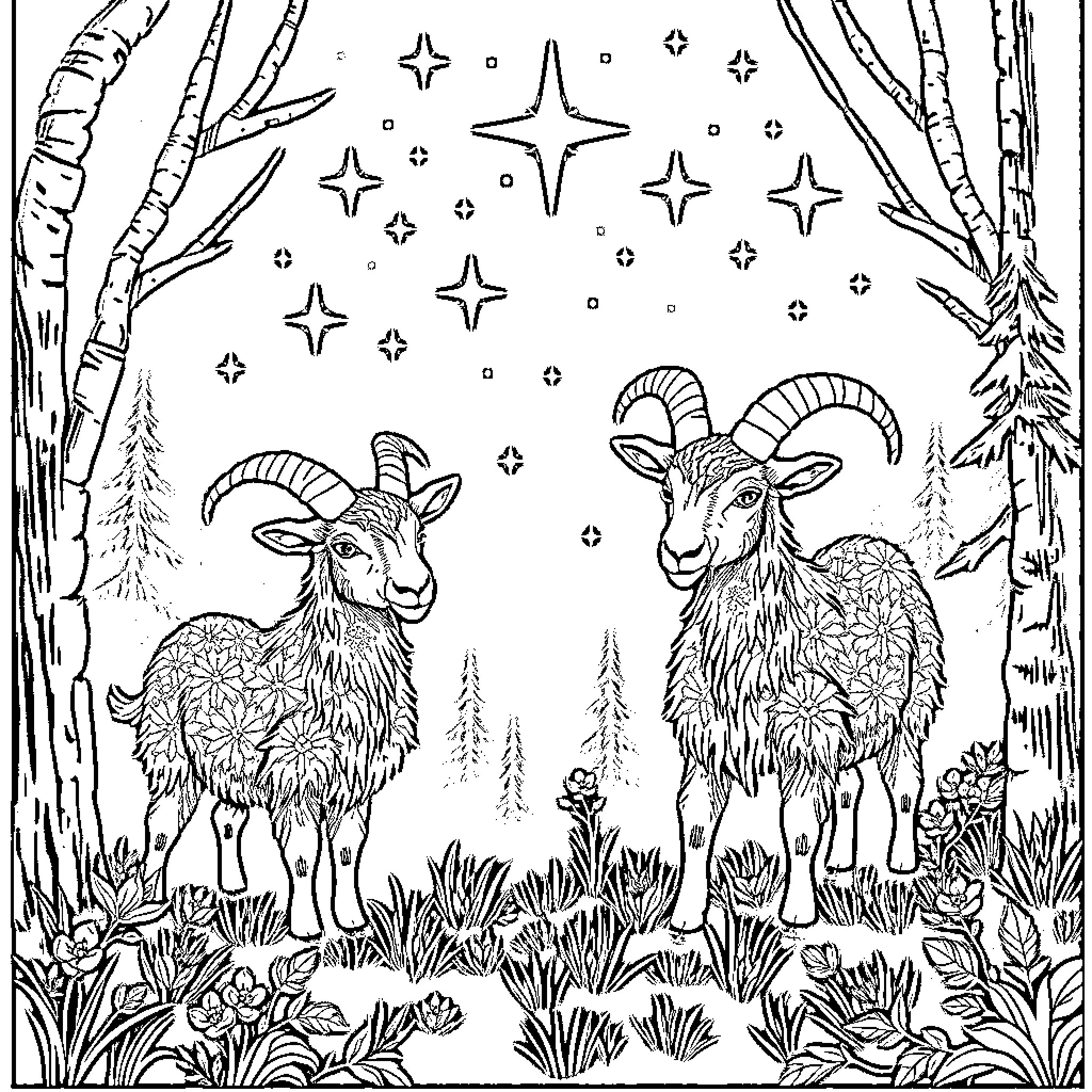 Goats under the starry night sky Coloring Page (free black-and-white line drawing printable PDF for all, from beginners to advanced learners, including children, teens, adults, and seniors)