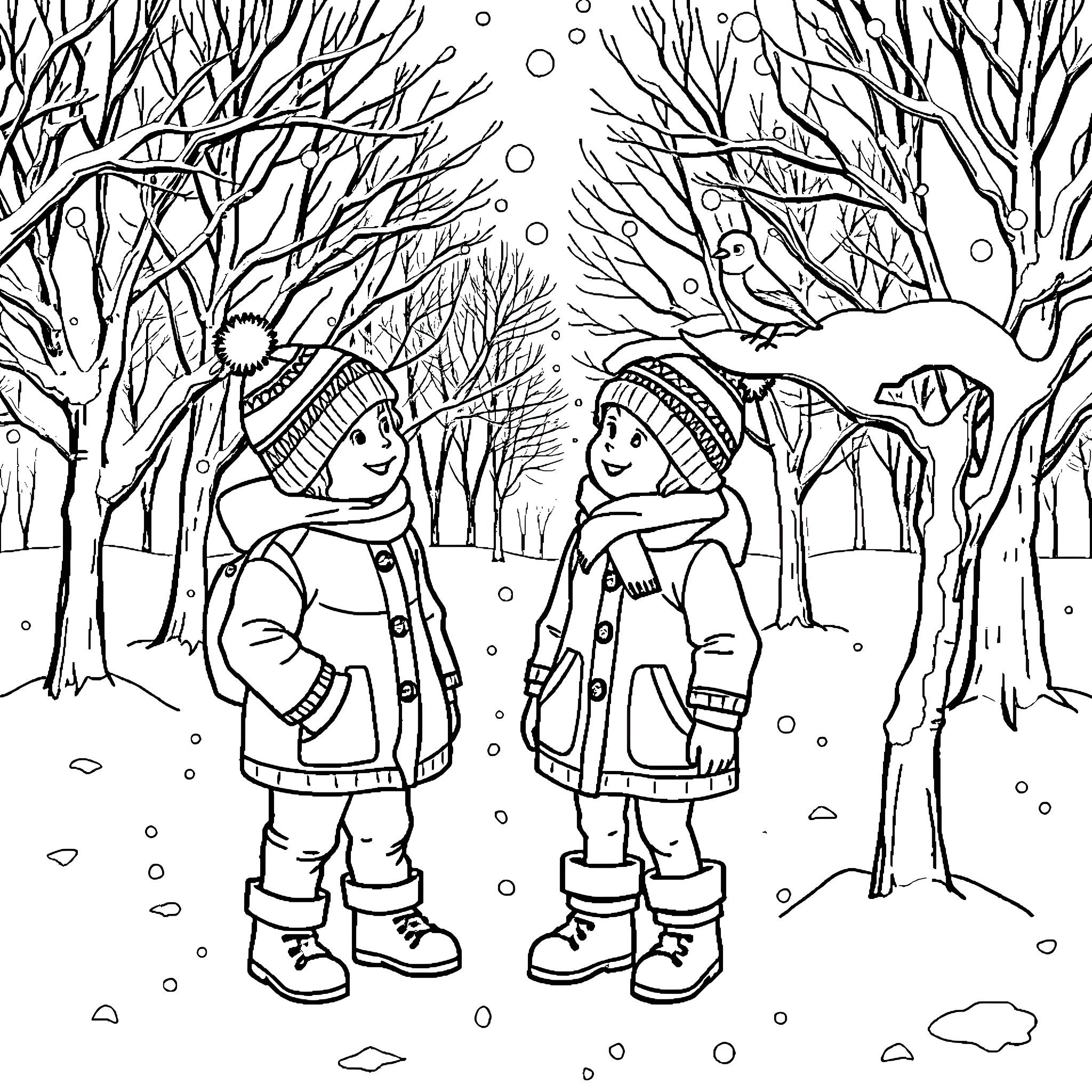 Child friends playing in snowy forest Coloring Page (free black-and-white line drawing printable PDF for all, from beginners to advanced learners, including children, teens, adults, and seniors)