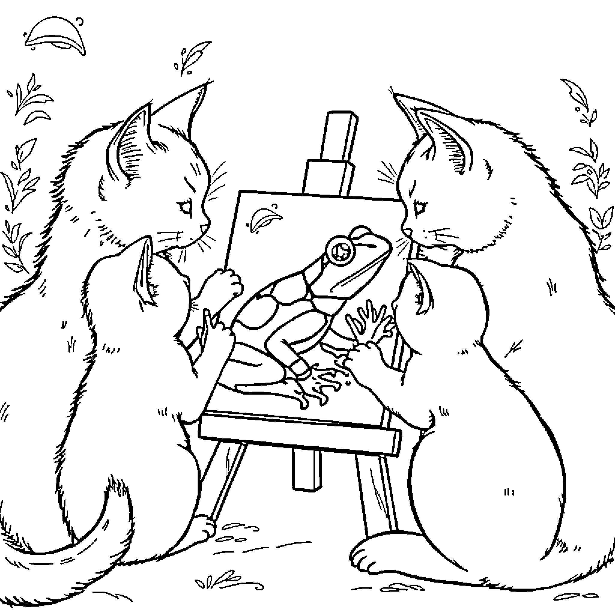 Cats painting on an easel Coloring Page (free black-and-white line drawing printable PDF for all, from beginners to advanced learners, including children, teens, adults, and seniors)