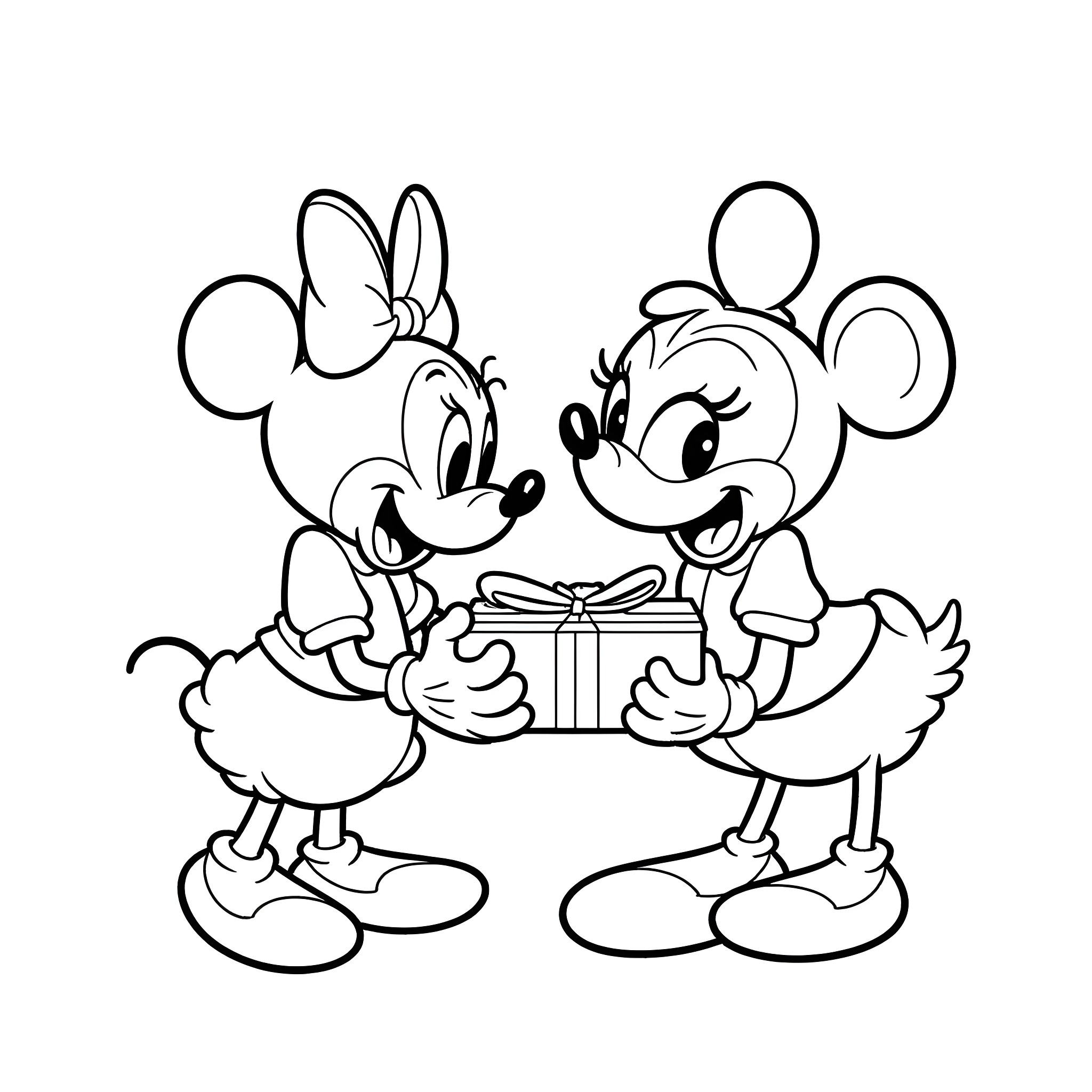 Mickey Mouse and Minnie Mouse exchanging gifts Coloring Page (free black-and-white line drawing printable PDF for all, from beginners to advanced learners, including children, teens, adults, and seniors)