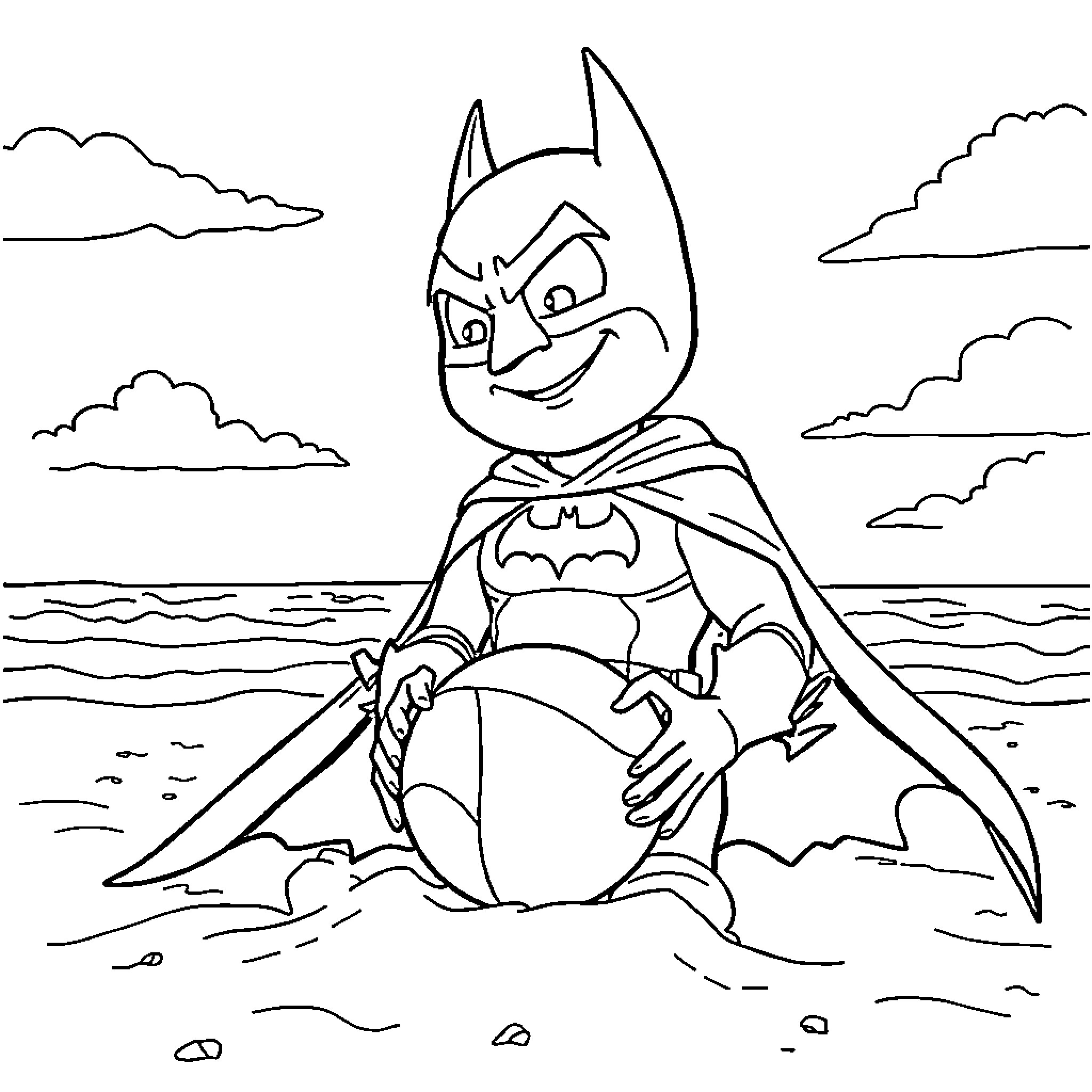 Batman enjoying a day at the beach Coloring Page (free black-and-white line drawing printable PDF for all, from beginners to advanced learners, including children, teens, adults, and seniors)